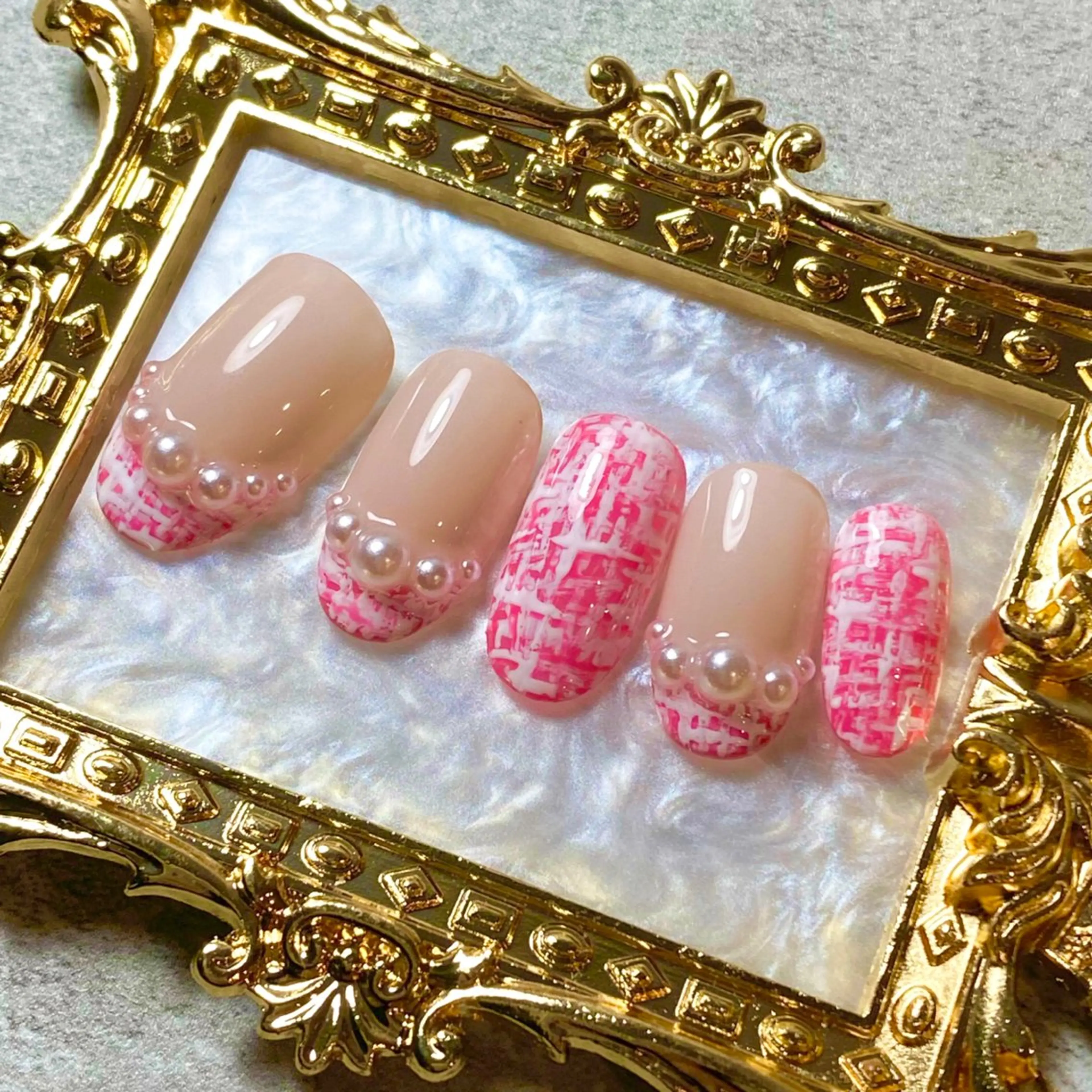 ネイル フレンチネイル ピンク ツイードネイル ハンドネイル Narumi nailのネイルデザイン