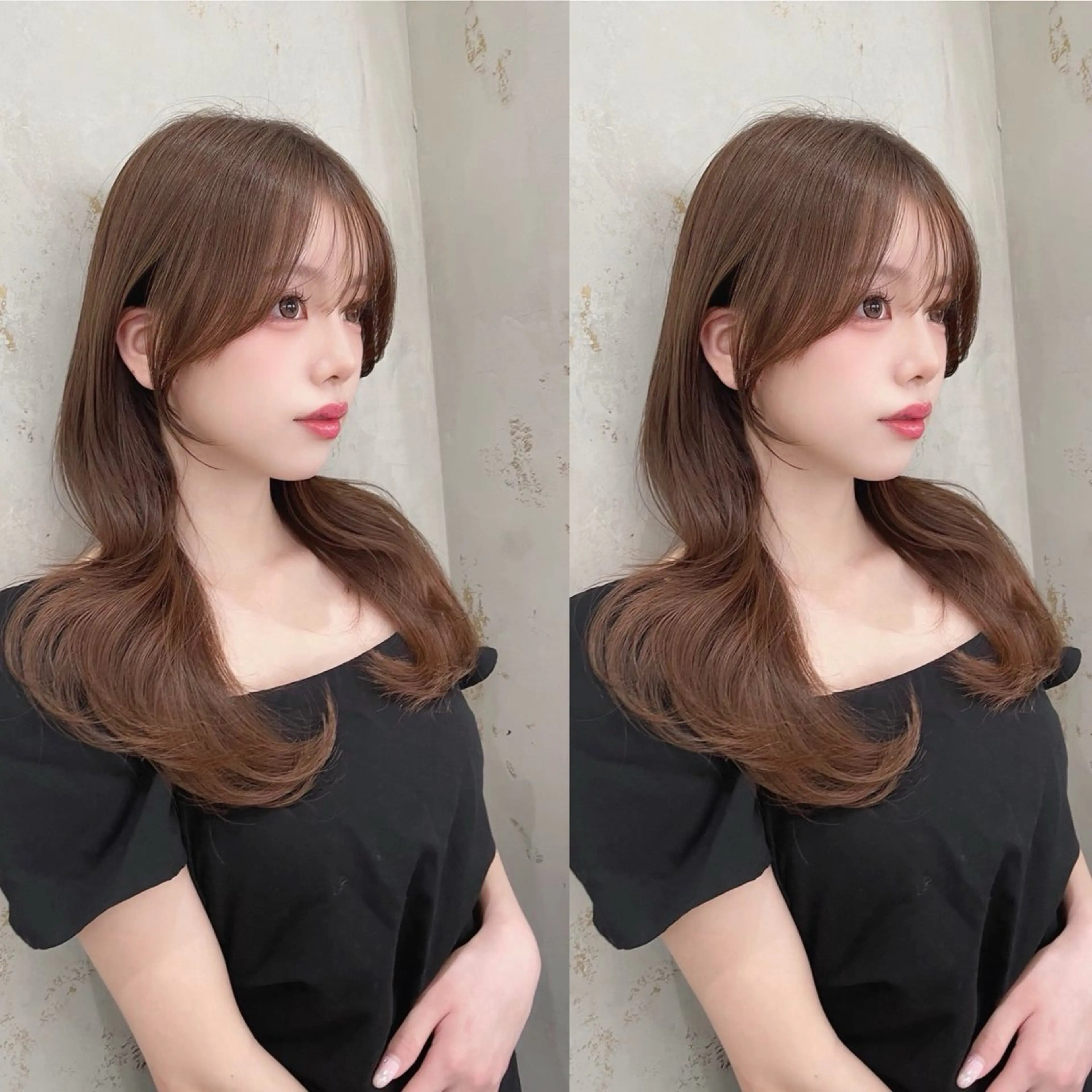 セミロング カット ヘアカラー トリートメント 山本翔一郎 韓国顔周りレイヤーのヘアスタイル