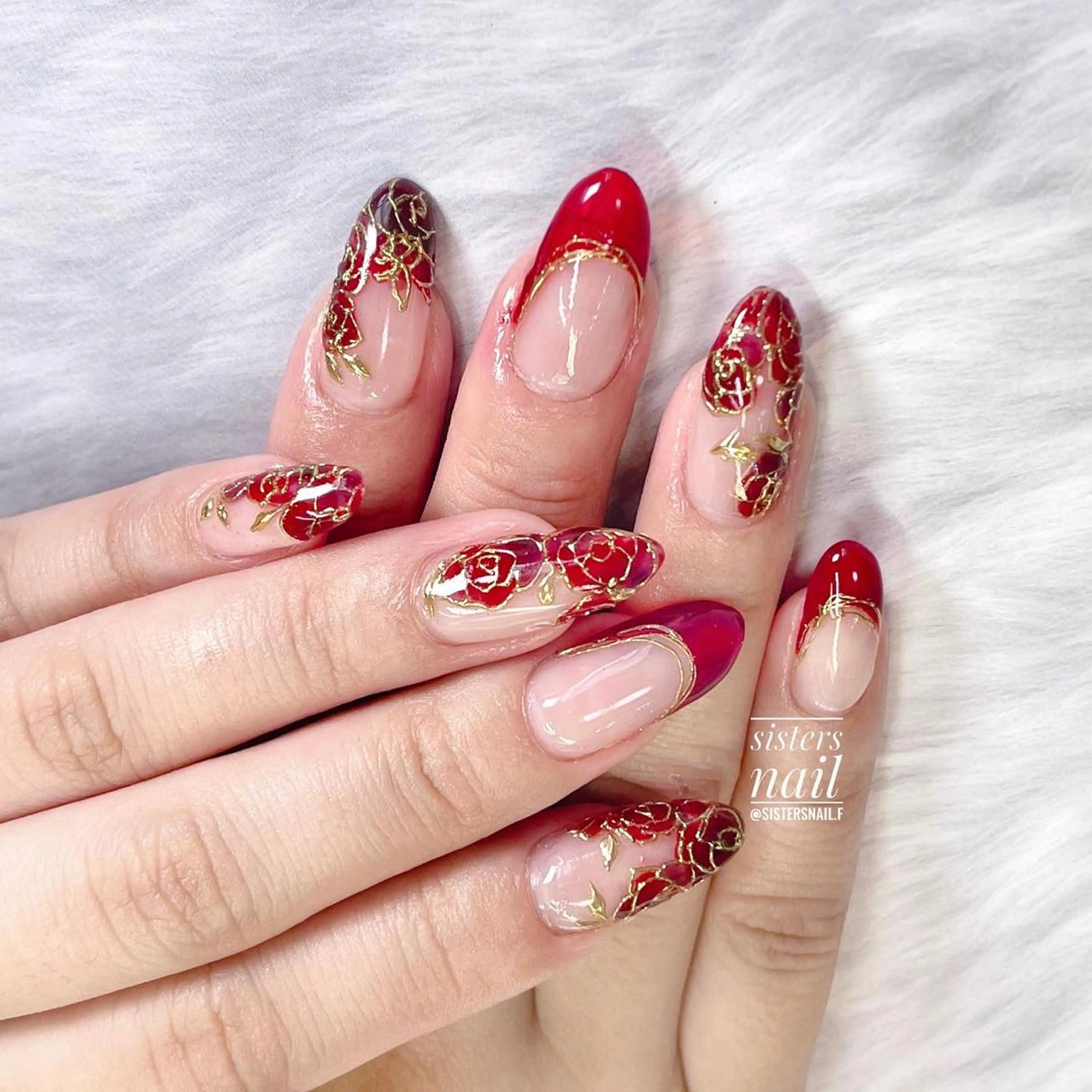 ネイル アートネイル フラワーネイル フレンチネイル 赤色 sisters nail.fのネイルデザイン