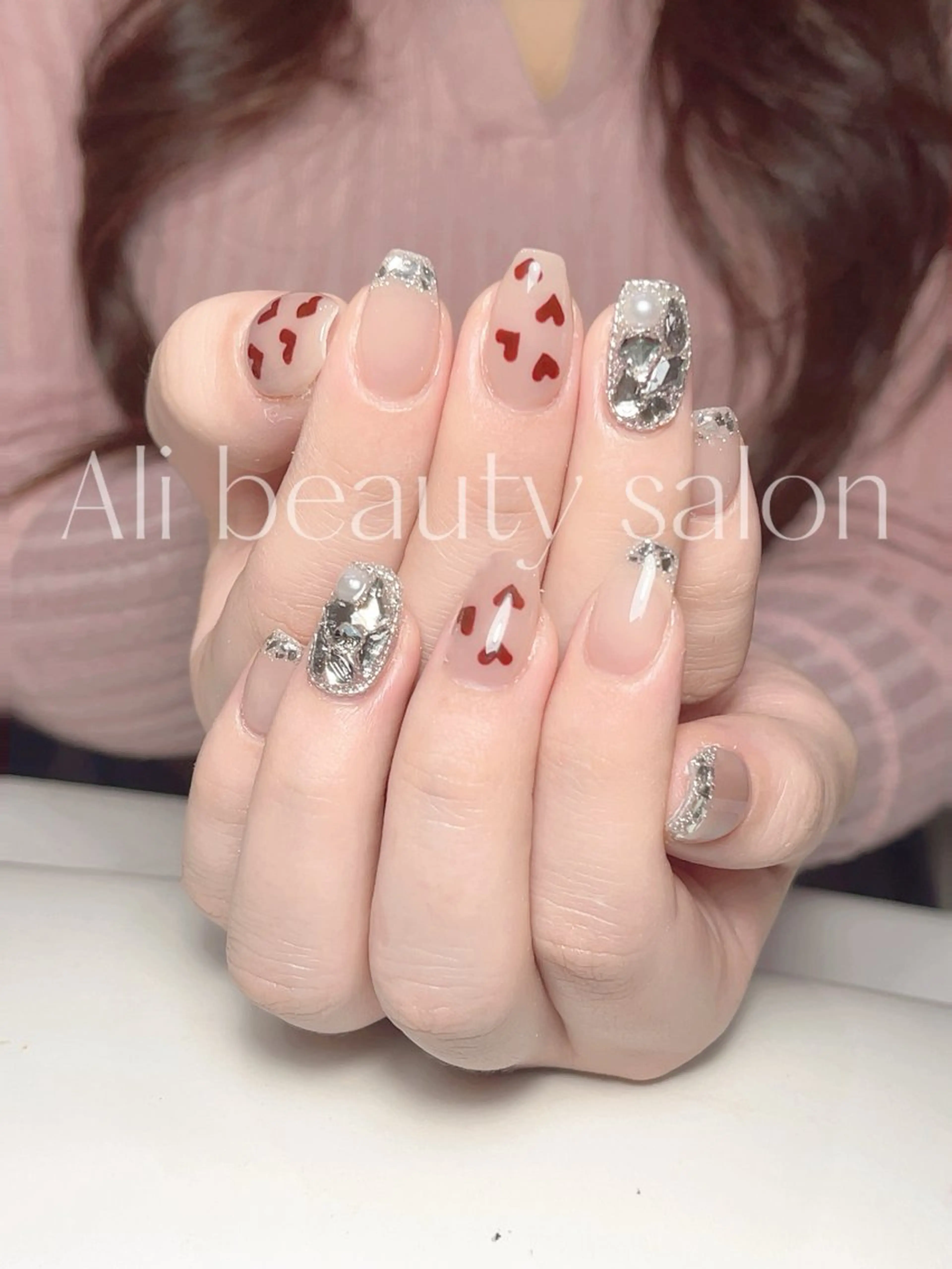 ネイル フレンチネイル ガラスフレンチ ハート ハンドネイル Ali 新小岩 ネイル専門のネイルデザイン