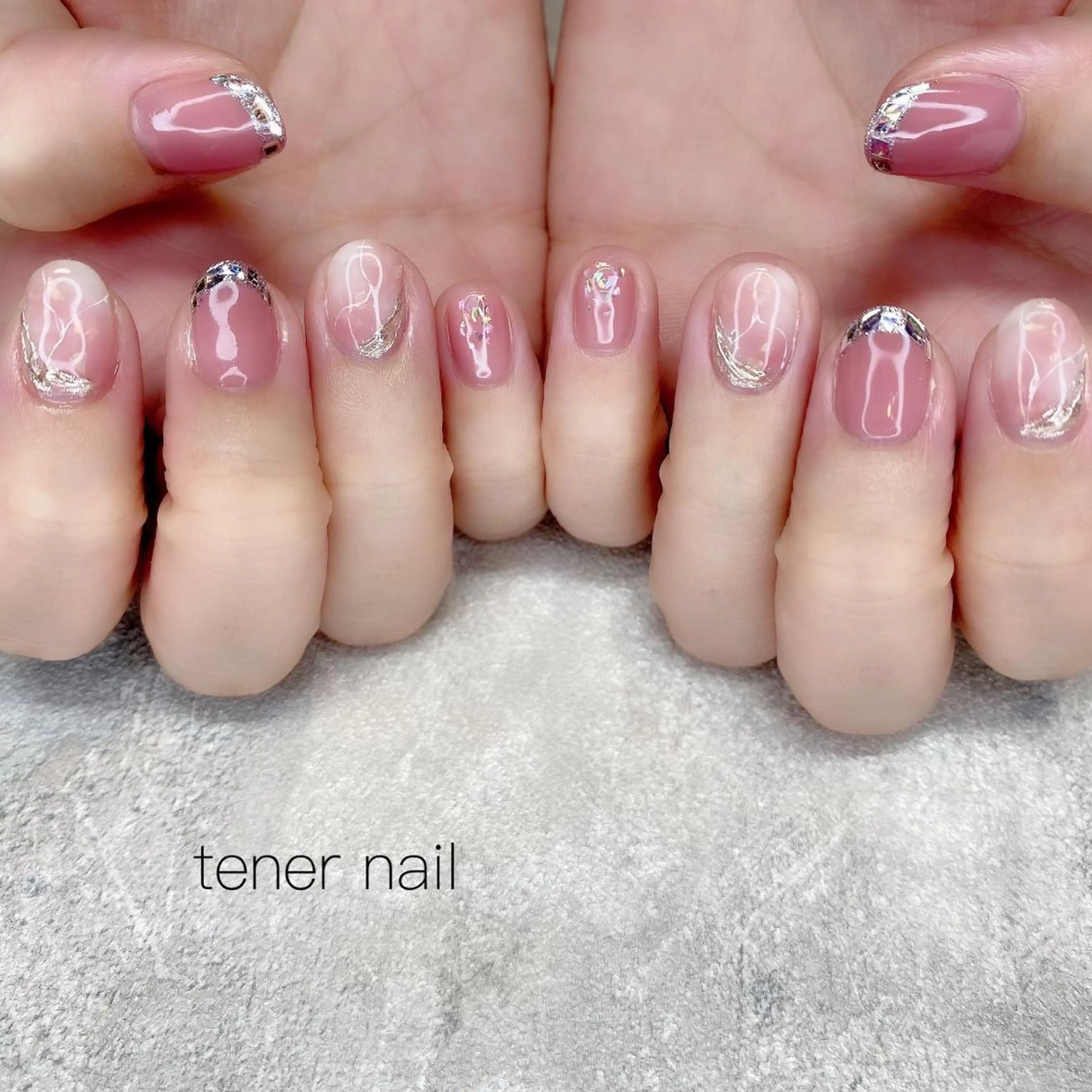 ネイル フレンチネイル ガラスフレンチ 大理石ネイル(マーブル) ピンク テネルネイル tener nailのネイルデザイン