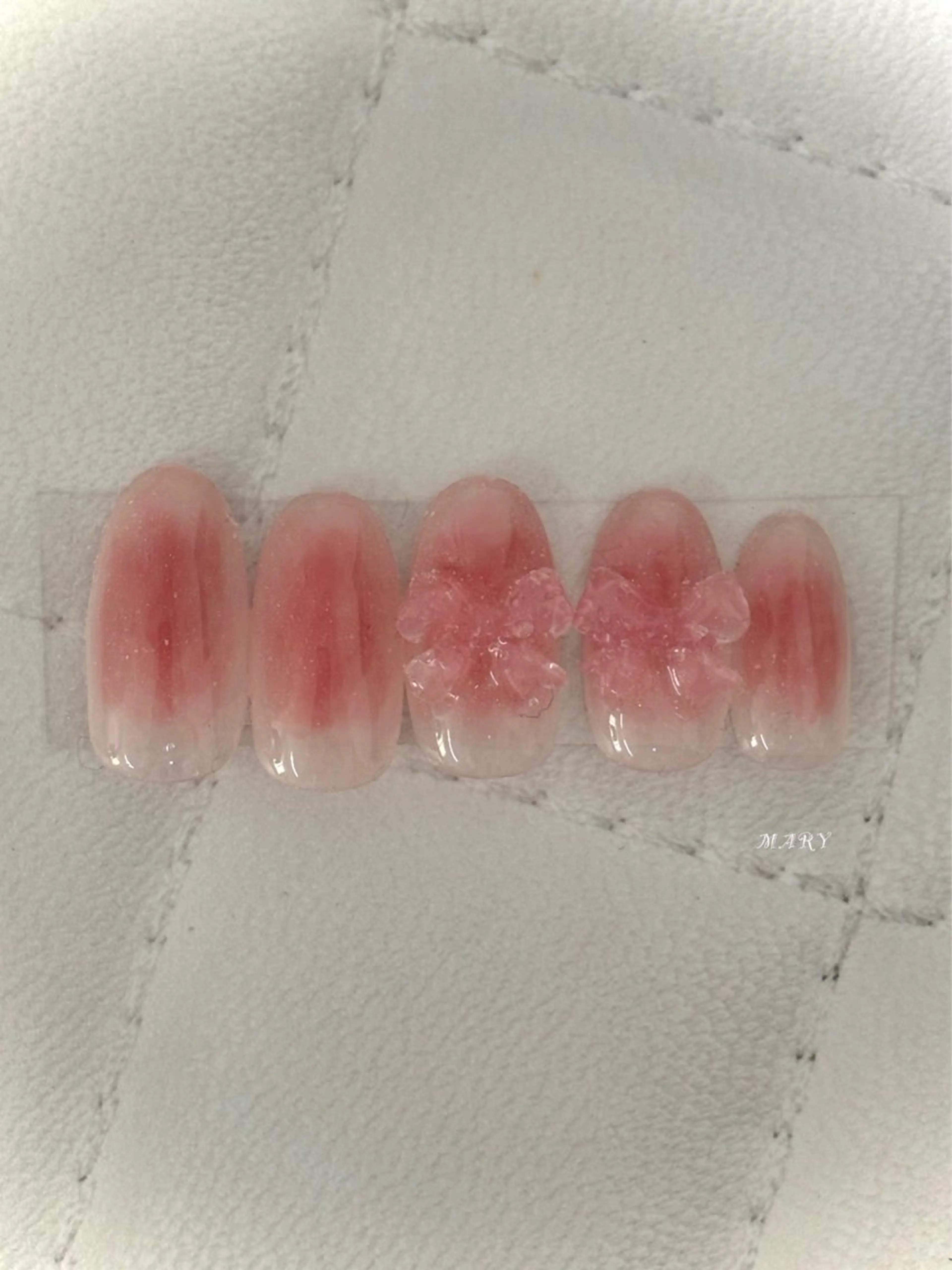 ネイル チークネイル ニュアンスネイル ピンク リボン ハンドネイル Mary nail .narumiのネイルデザイン