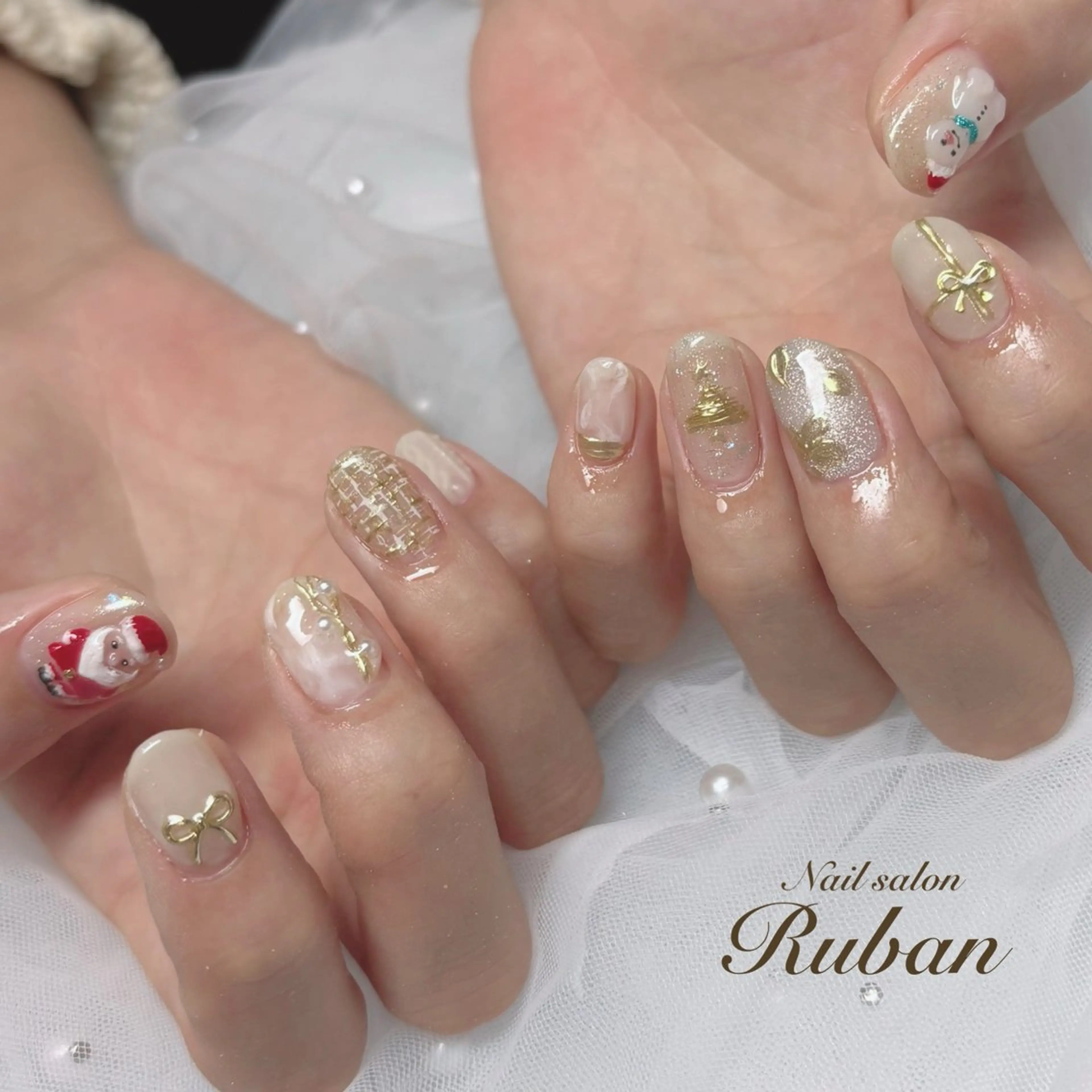 ネイル アートネイル 持ち込み リボン ツイードネイル 冬ネイル Nail salon Rubanのネイルデザイン