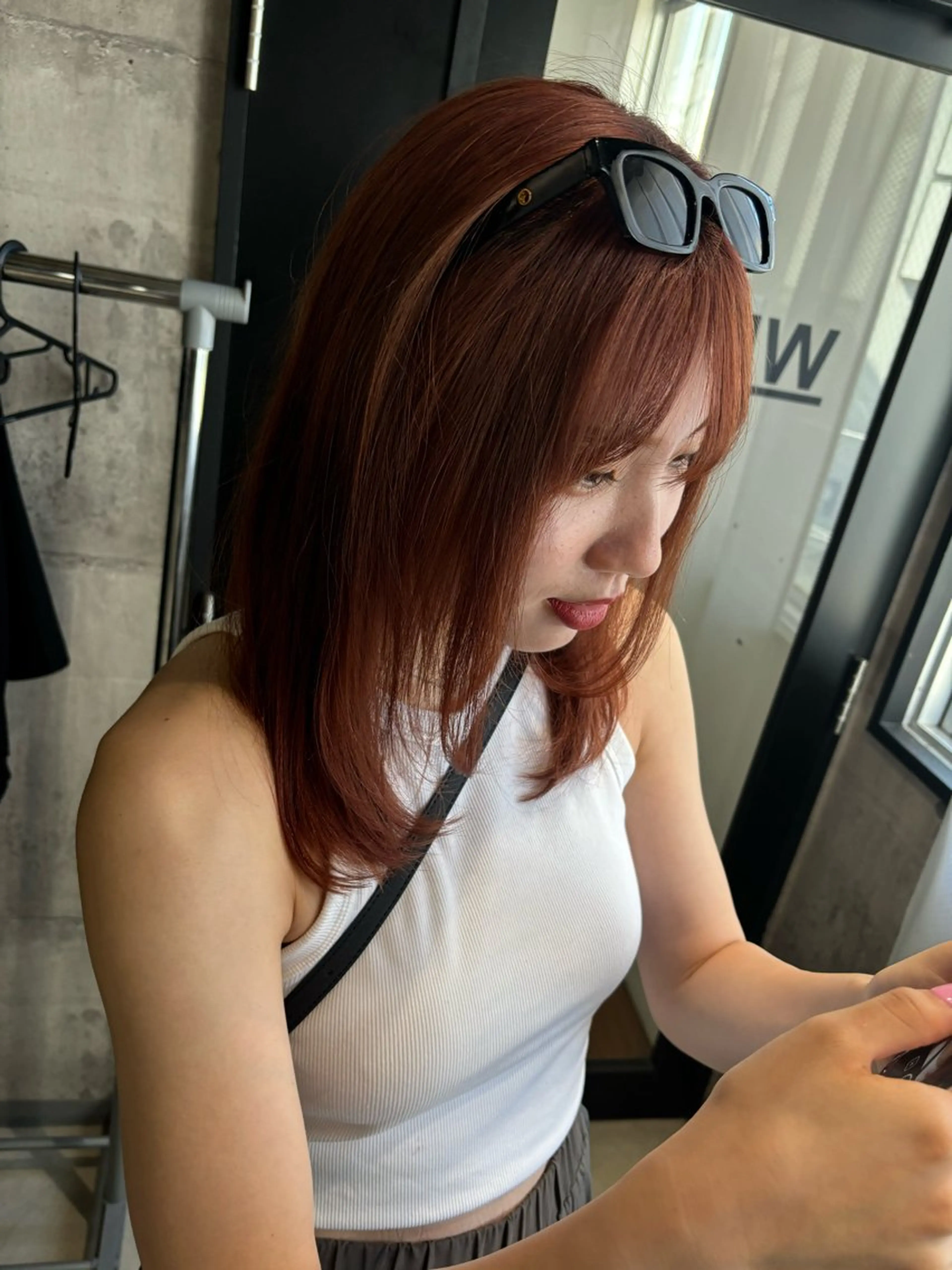 セミロング カラー ブラウンカラー オレンジ オレンジブラウン 顔まわりレイヤー 顔周りカット カット ヘアカラー トリートメント _white【京橋店】所属・_WHITE / KENTOのヘアスタイル