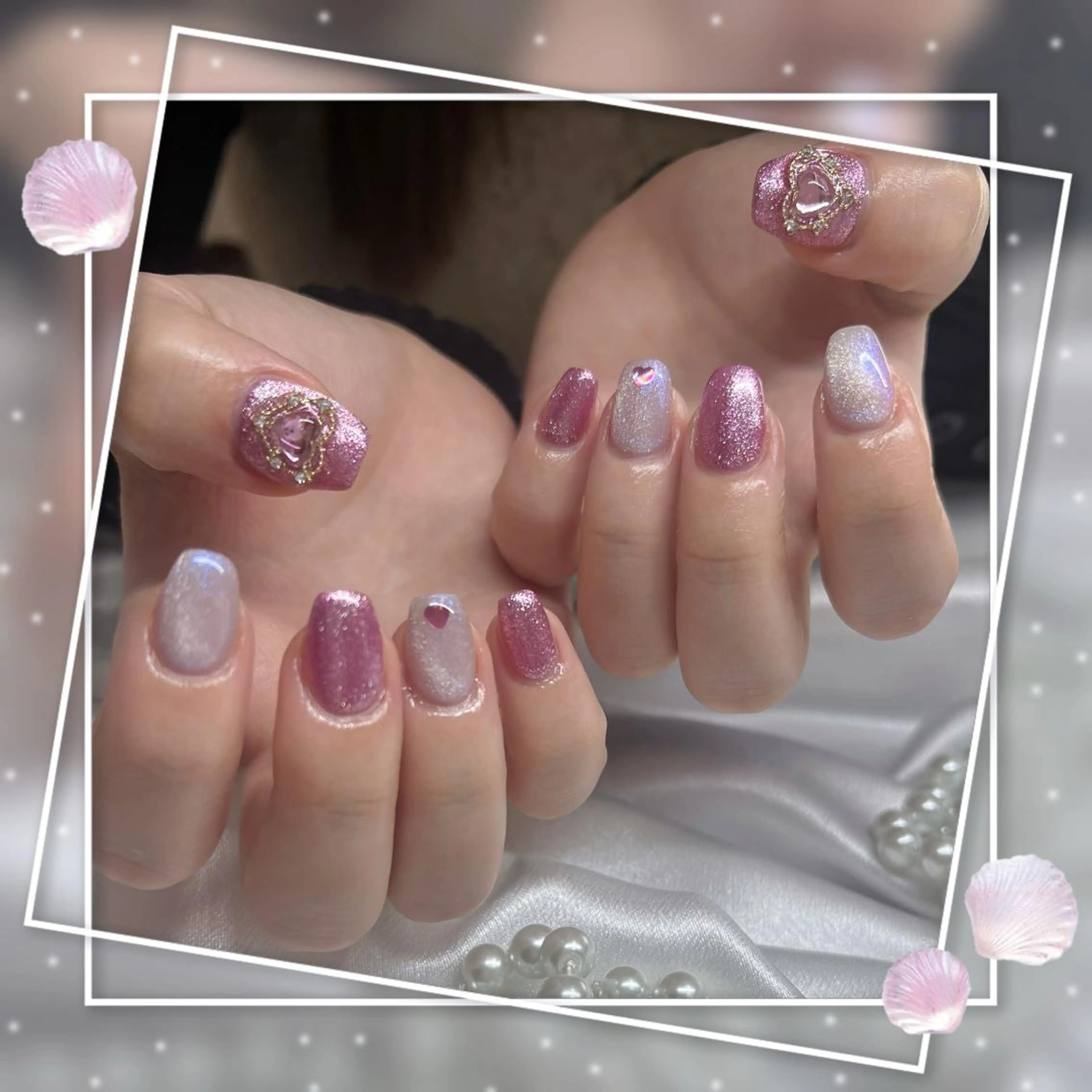 ネイル フレンチネイル キラキラネイル 韓国ネイル マグネットネイル マグネットフレンチ Chill Nailsalonのネイルデザイン