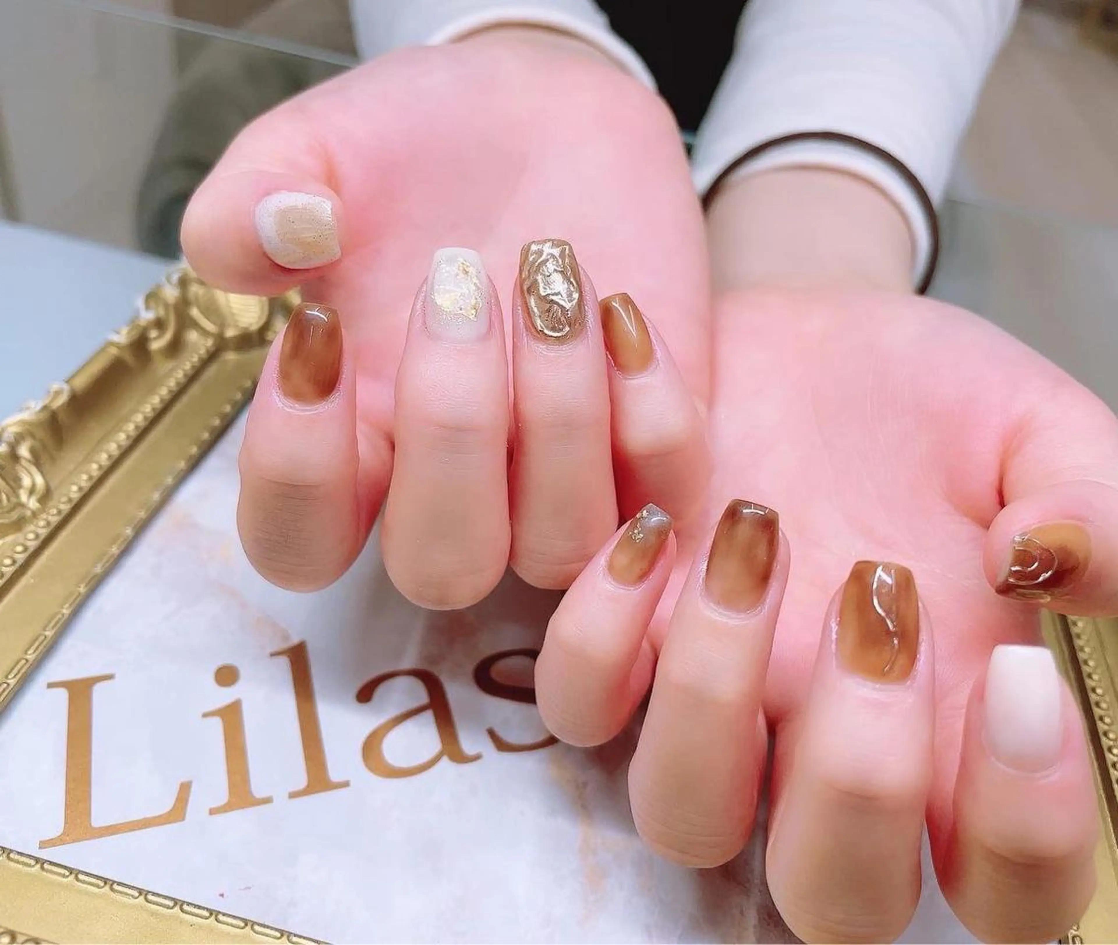 ネイル べっ甲ネイル ブラウン 入学式 ジェルネイル 卒業式 Lilas Nailのネイルデザイン