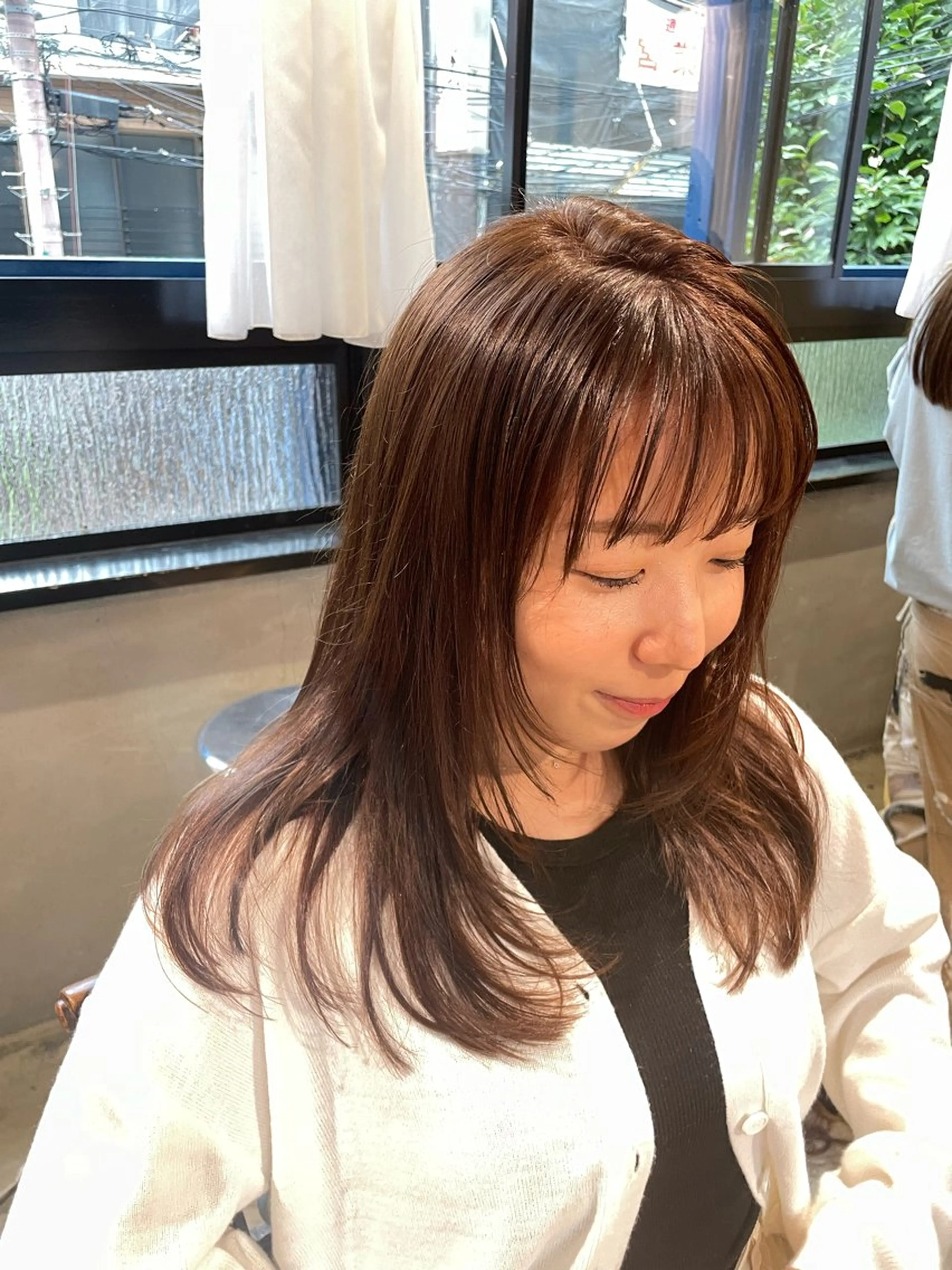 セミロング カラー 透明感カラー ダブルカラー ハイトーンカラー ボブ 顔まわりレイヤー 柔らかレイヤー× 透け感カラー/SUのヘアスタイル