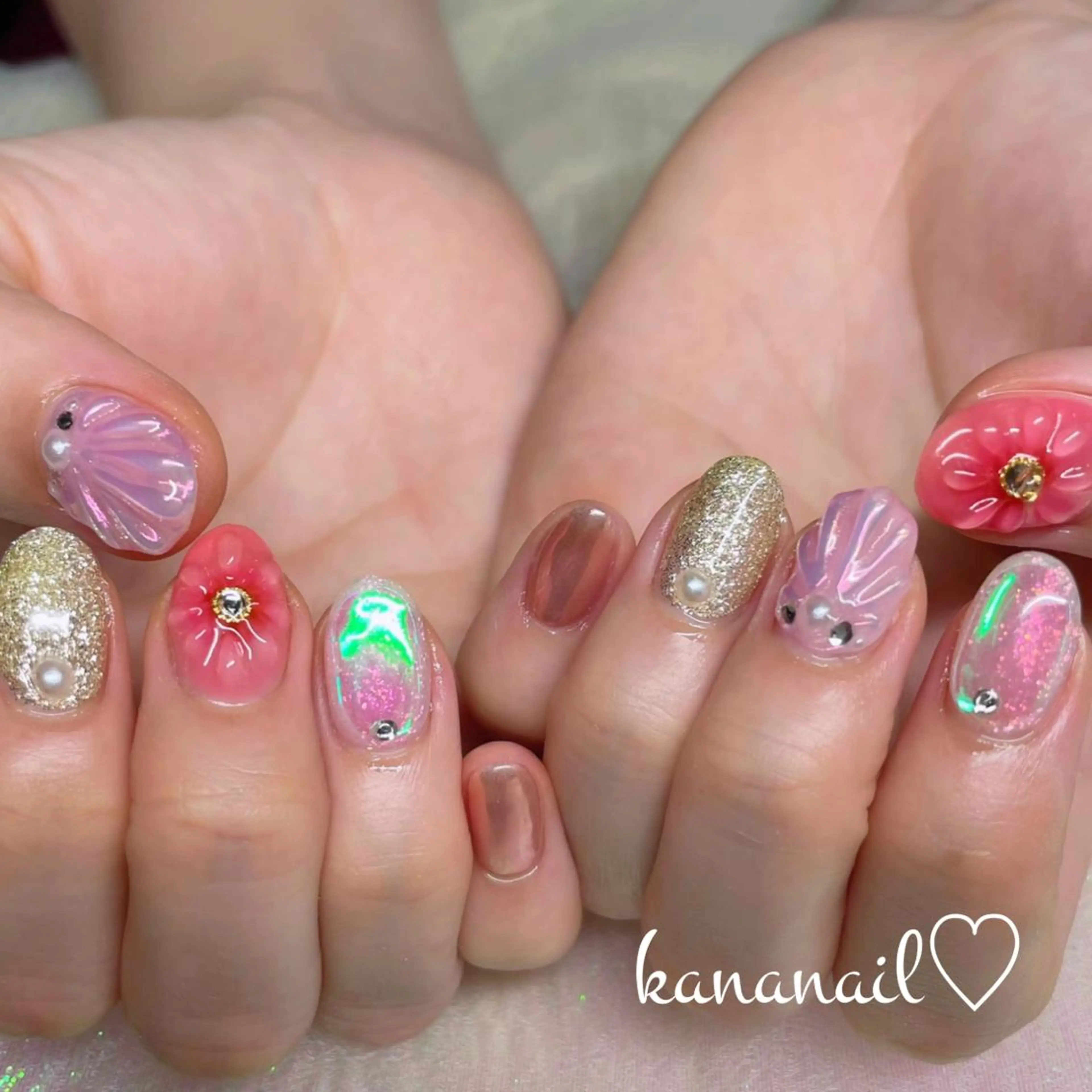 ネイル フラワーネイル 氷ネイル・うるうるネイル ミディアムネイル ぷっくりネイル kananail ♡のネイルデザイン