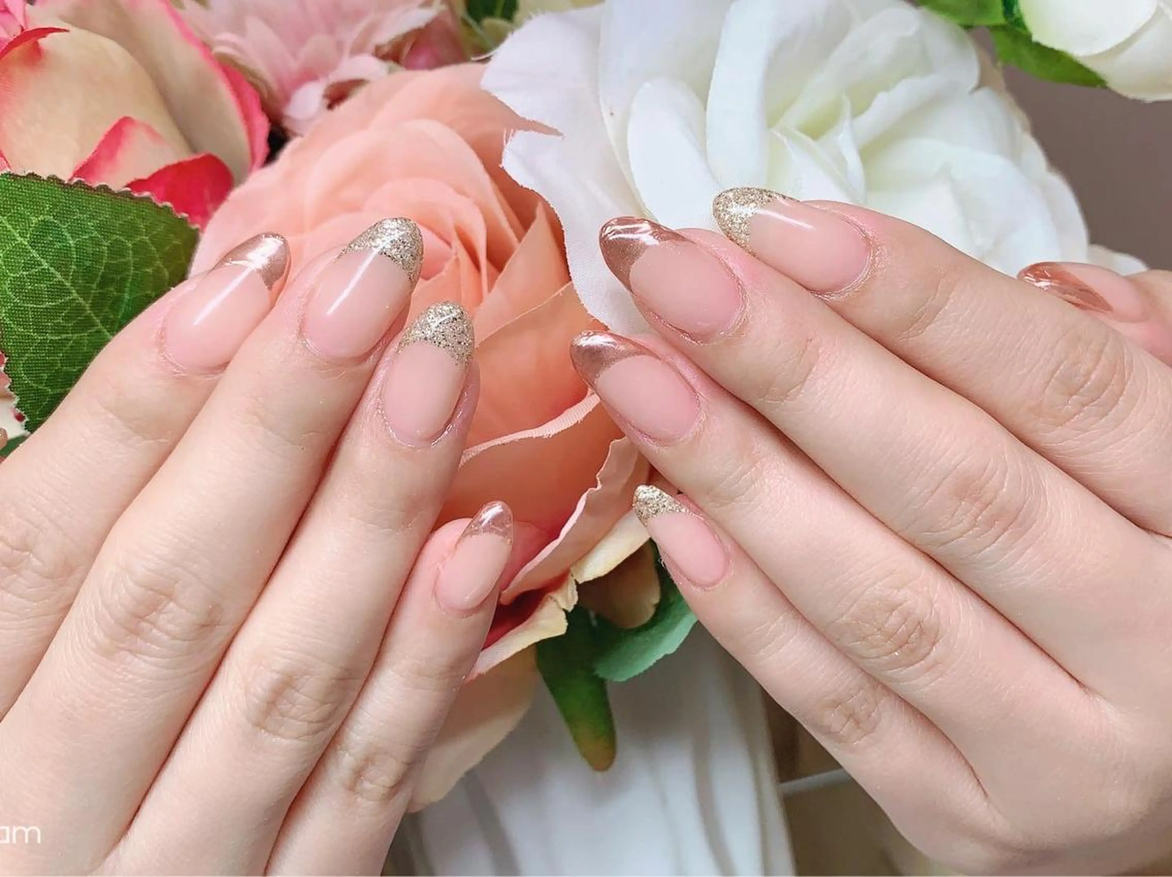 ネイル フレンチネイル ジェルネイル ハードジェル ラメ(グリッター) ロングネイル Lilas Nailのネイルデザイン