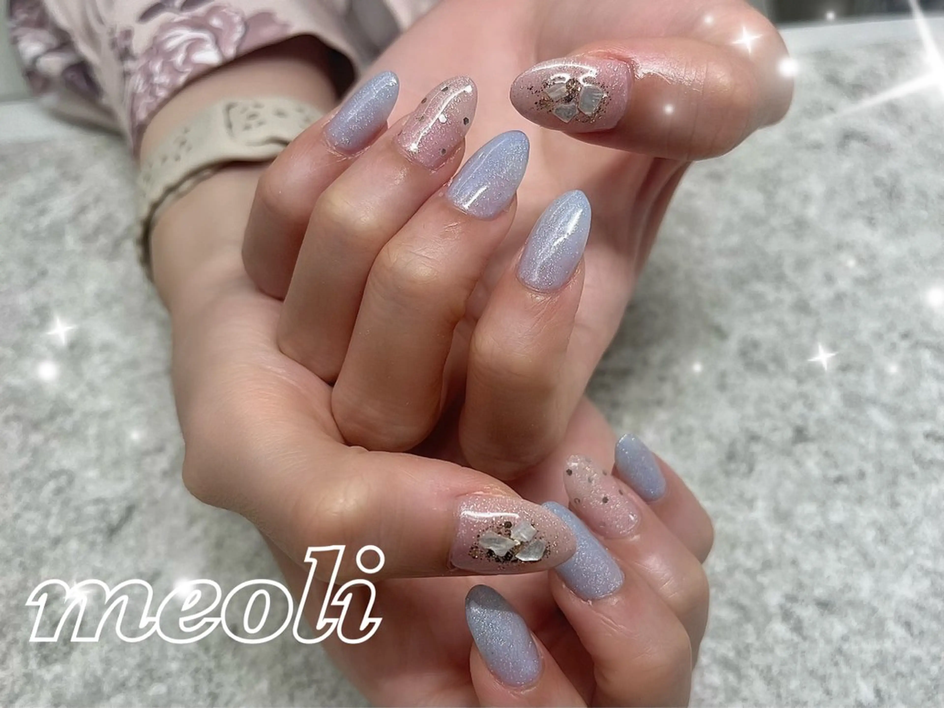 ネイル アートネイル ドット ラメ(グリッター) 水色 ピンク nail salon meoli　アヤのネイルデザイン