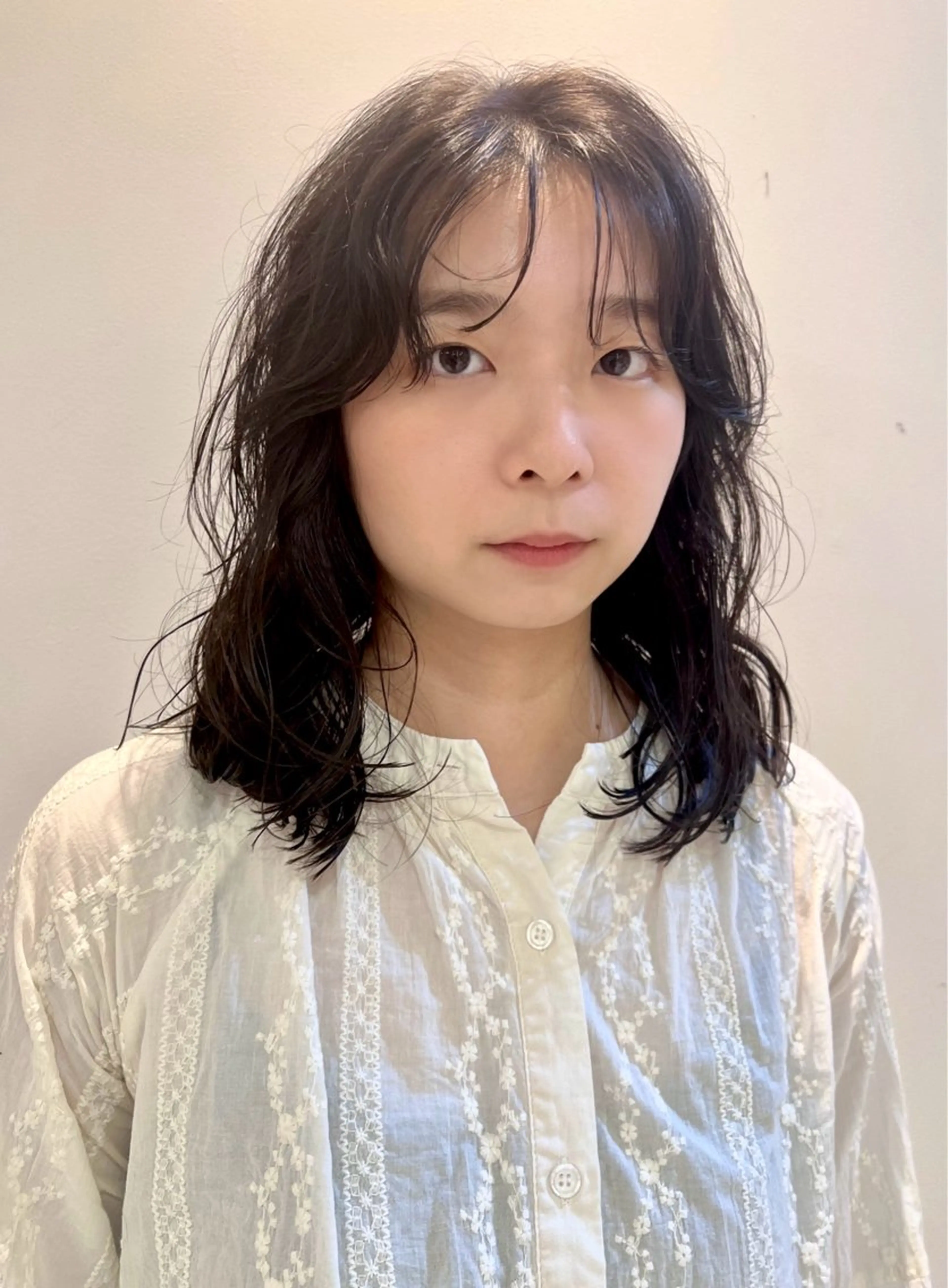 ミディアム カラー ミディアムパーマ かきあげバング ヘアカラー 韓国ヘア 🎀華澄のヘアスタイル