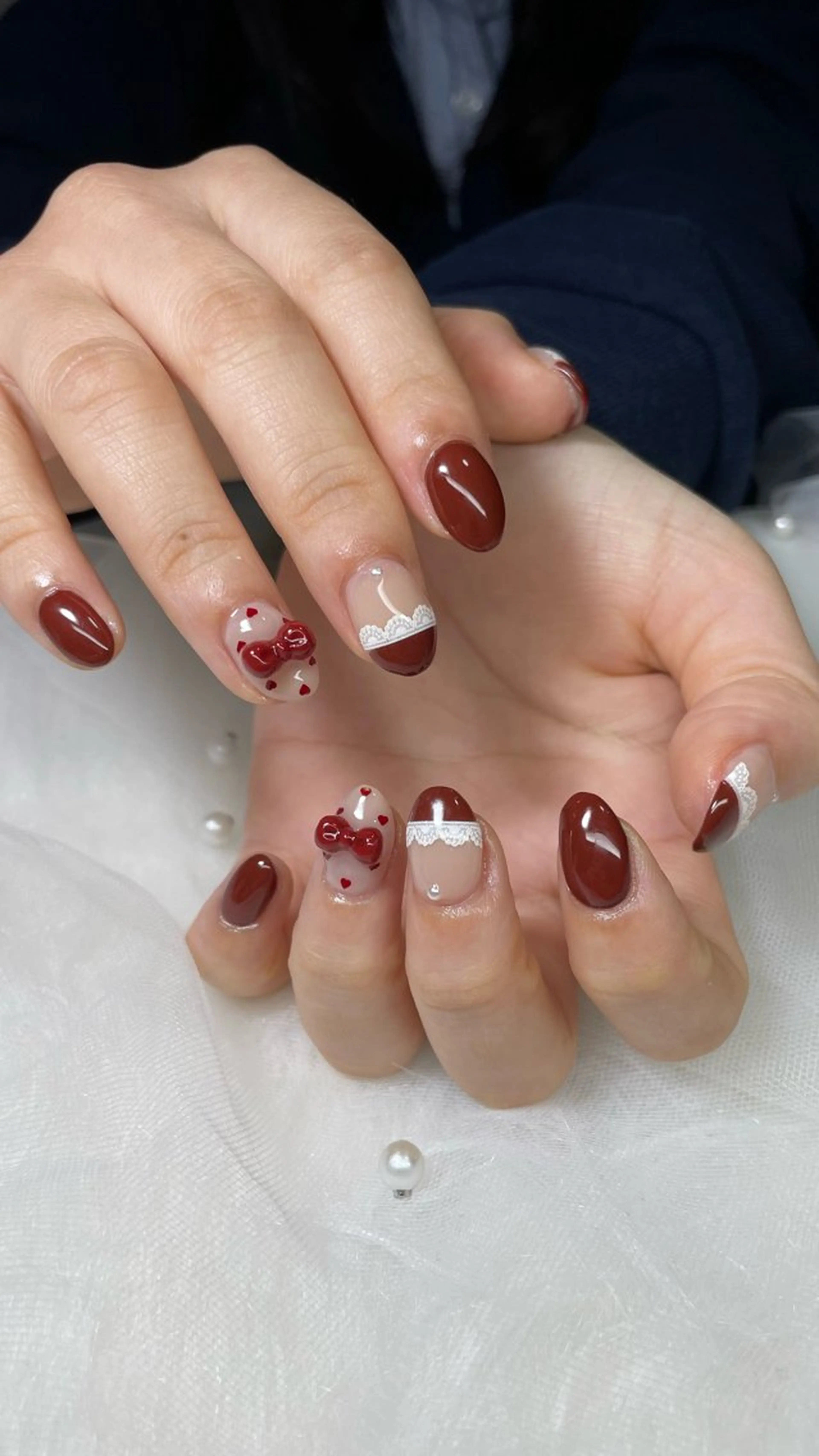 ネイル ボルドー ドット フレンチネイル ガーリー ハート Sugar. ひかり໒꒱˚.*のネイルデザイン