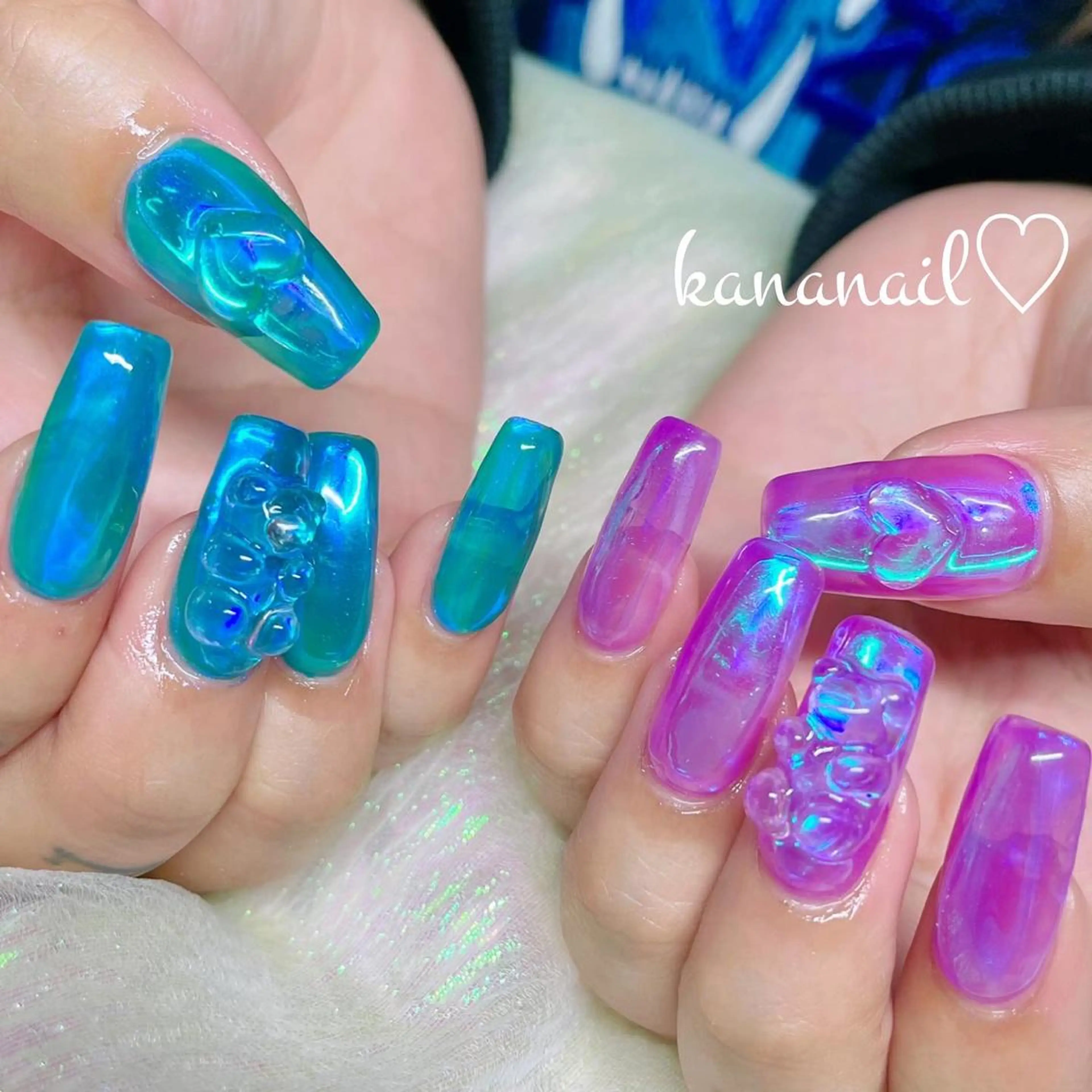 ネイル オーロラネイル ブルー ハート 氷ネイル・うるうるネイル ミラーネイル kananail ♡のネイルデザイン