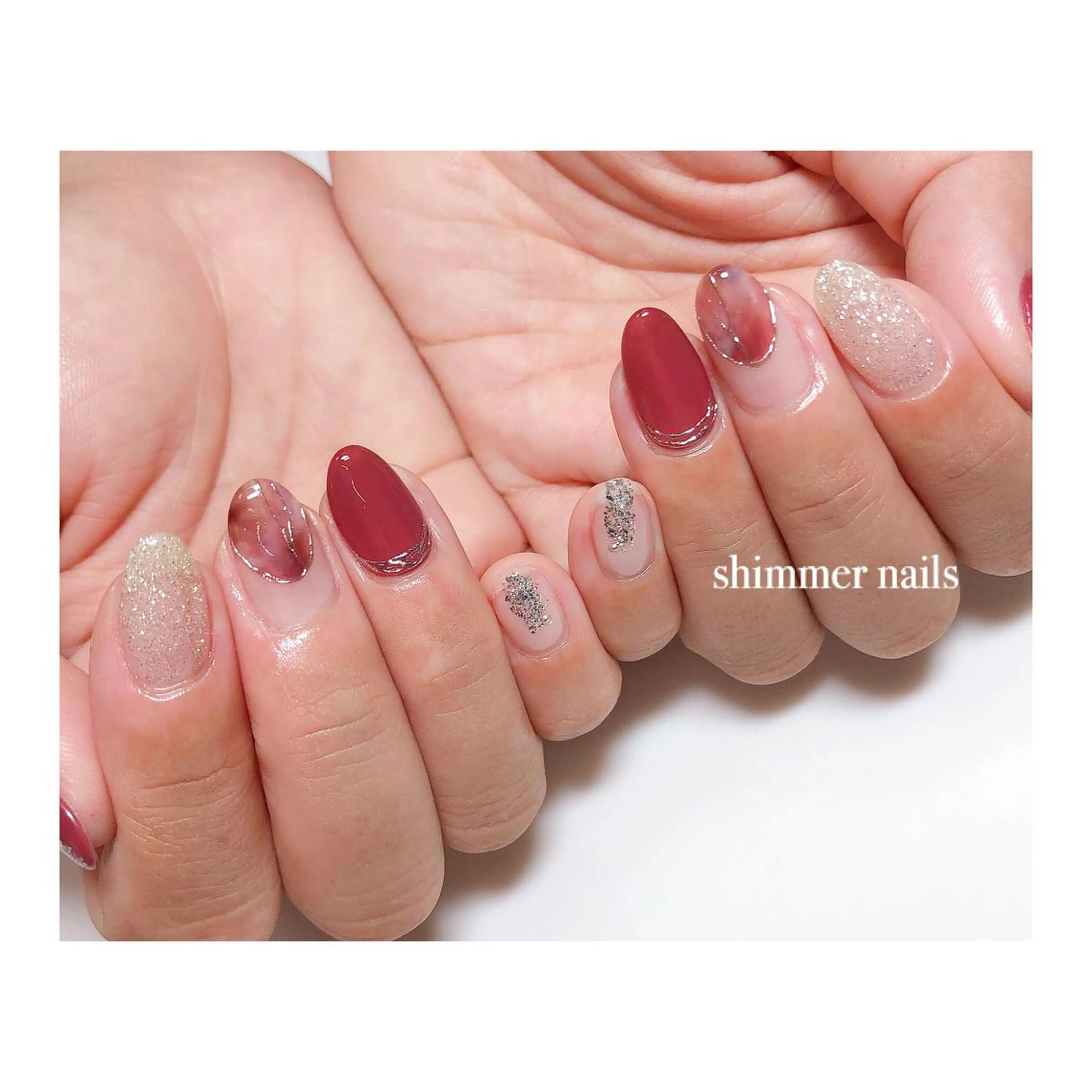 ネイル 赤色 ハンドネイル shimmer nailsのネイルデザイン