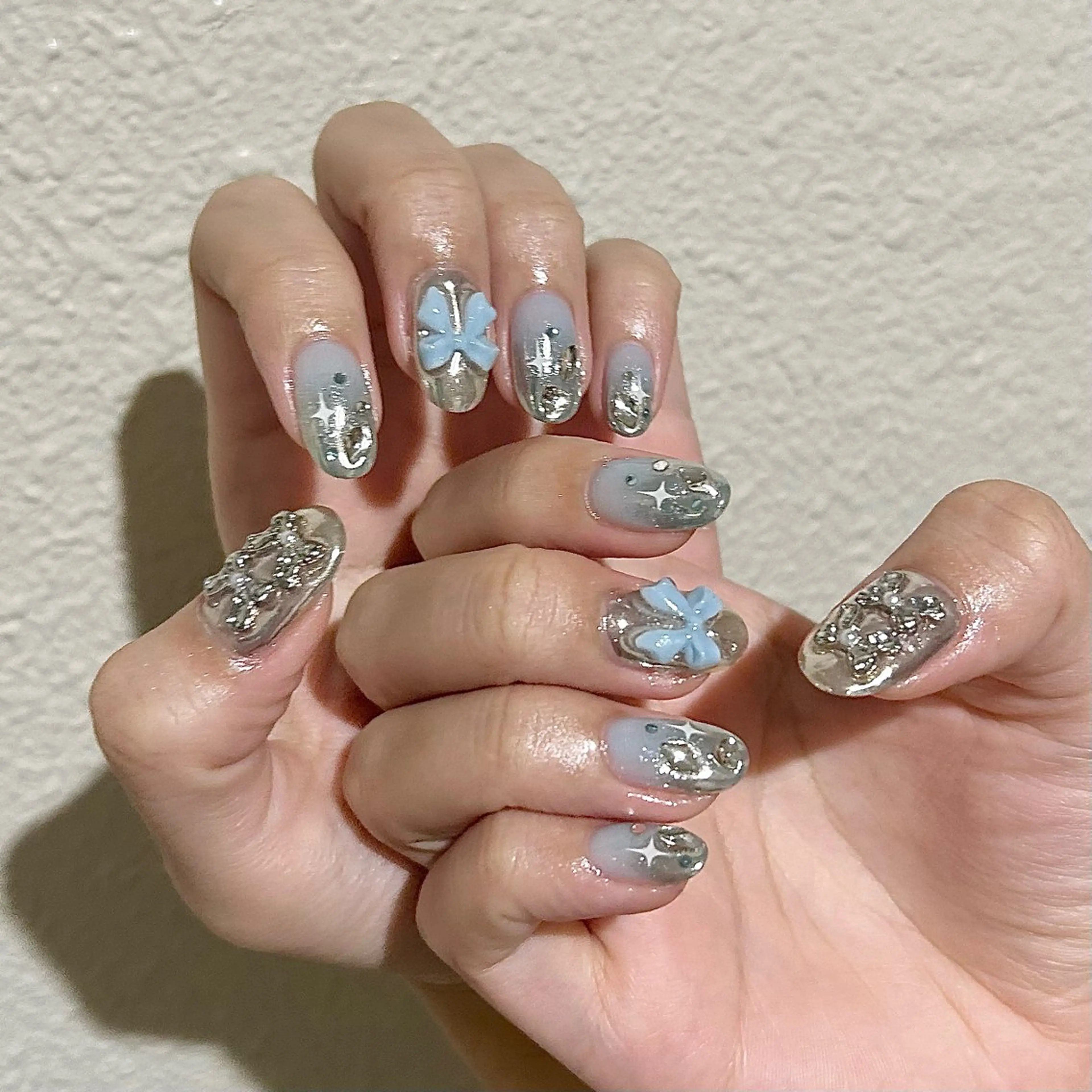 ネイル ブルー リボン パラあり！フィルイン 美フォルムのネイルデザイン