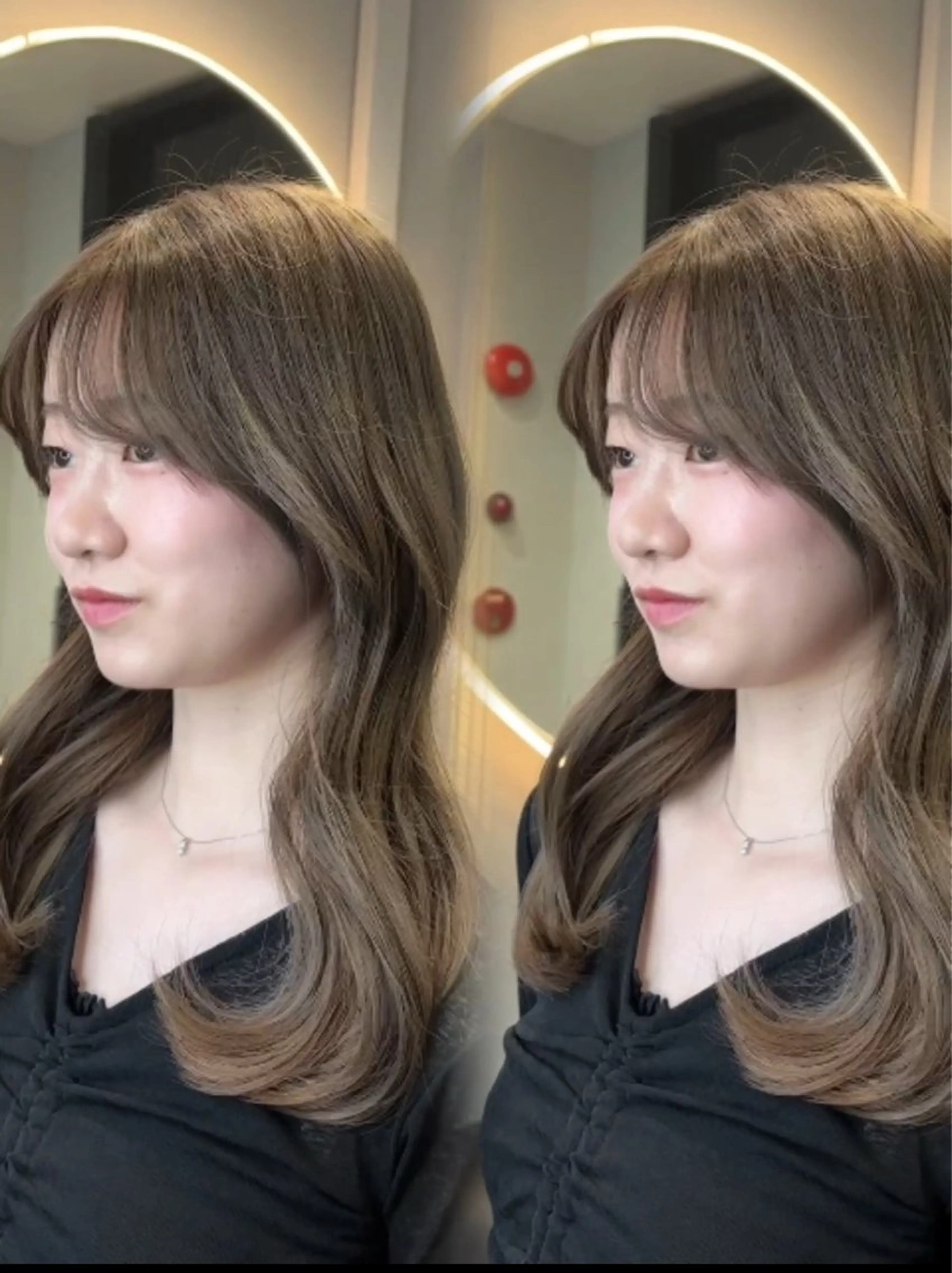 ロング ヘアカラー トリートメント ヘアセット 韓国ヘア/ブリーチ無 しWカラー/オリーブのヘアスタイル