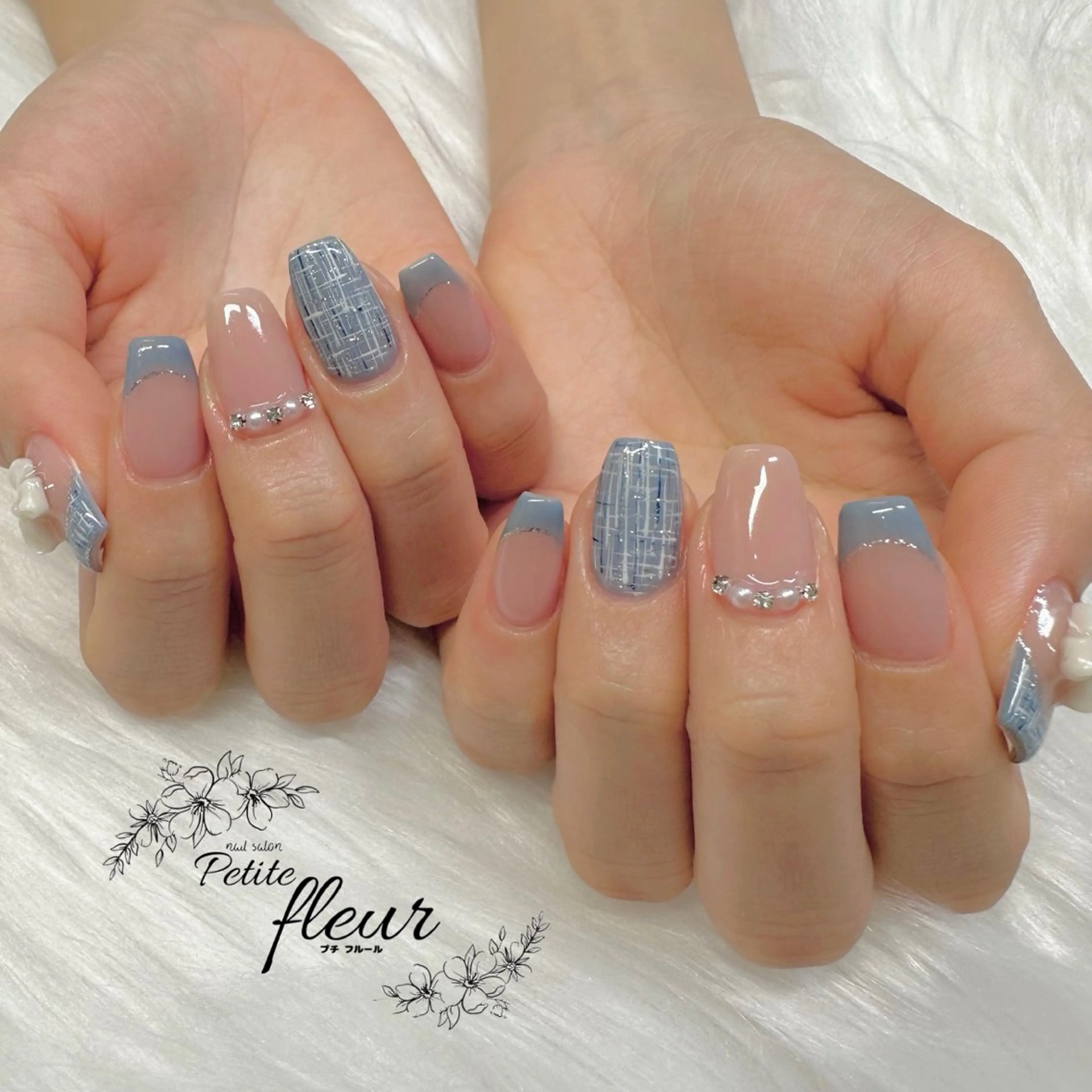 ネイル ブルー 持ち込み ツイードネイル ❁⃘*。Petite fleur❁⃘*りさのネイルデザイン