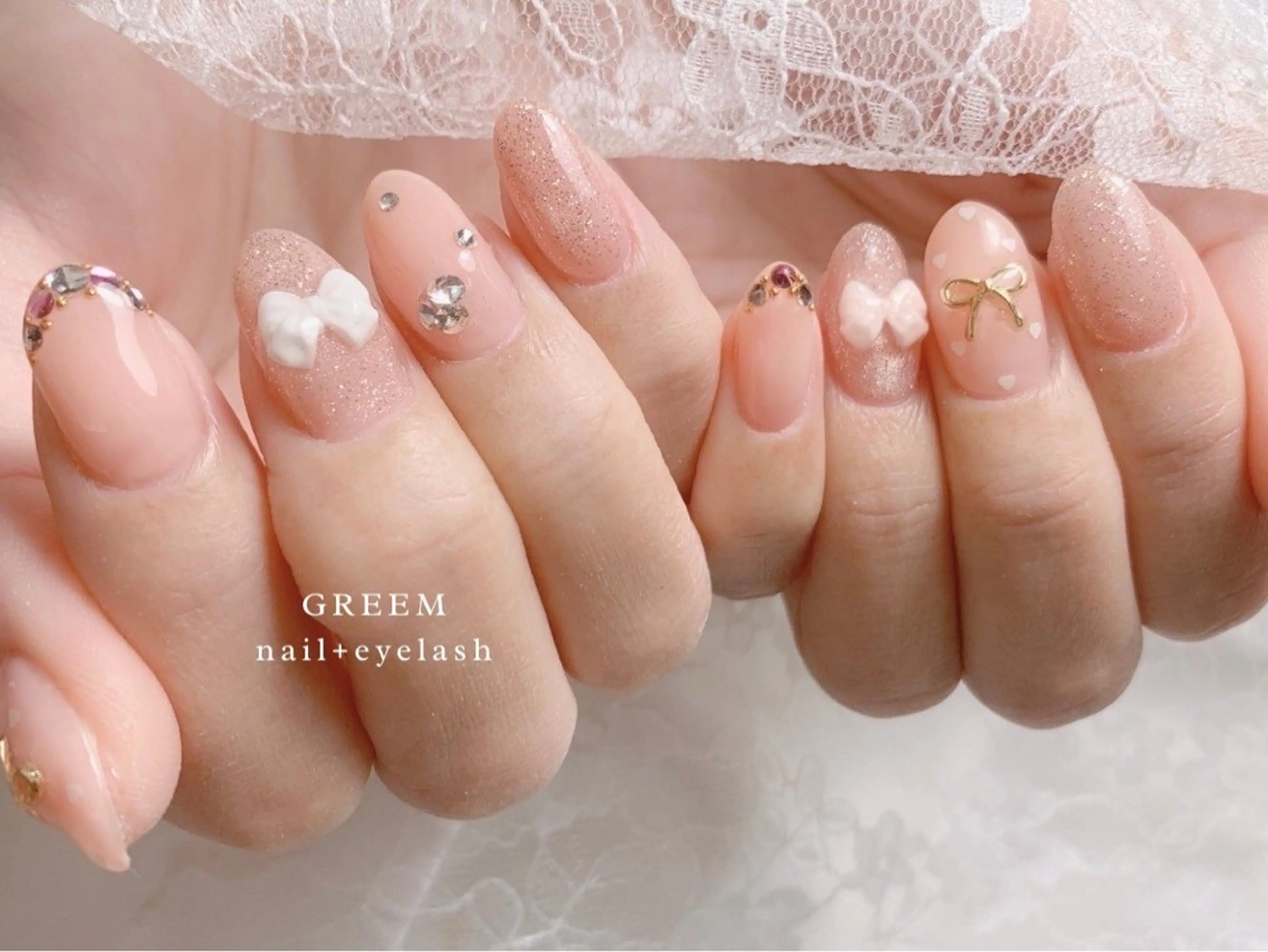 ネイル ガーリー リボン ハンドネイル GREEM グリームのネイルデザイン