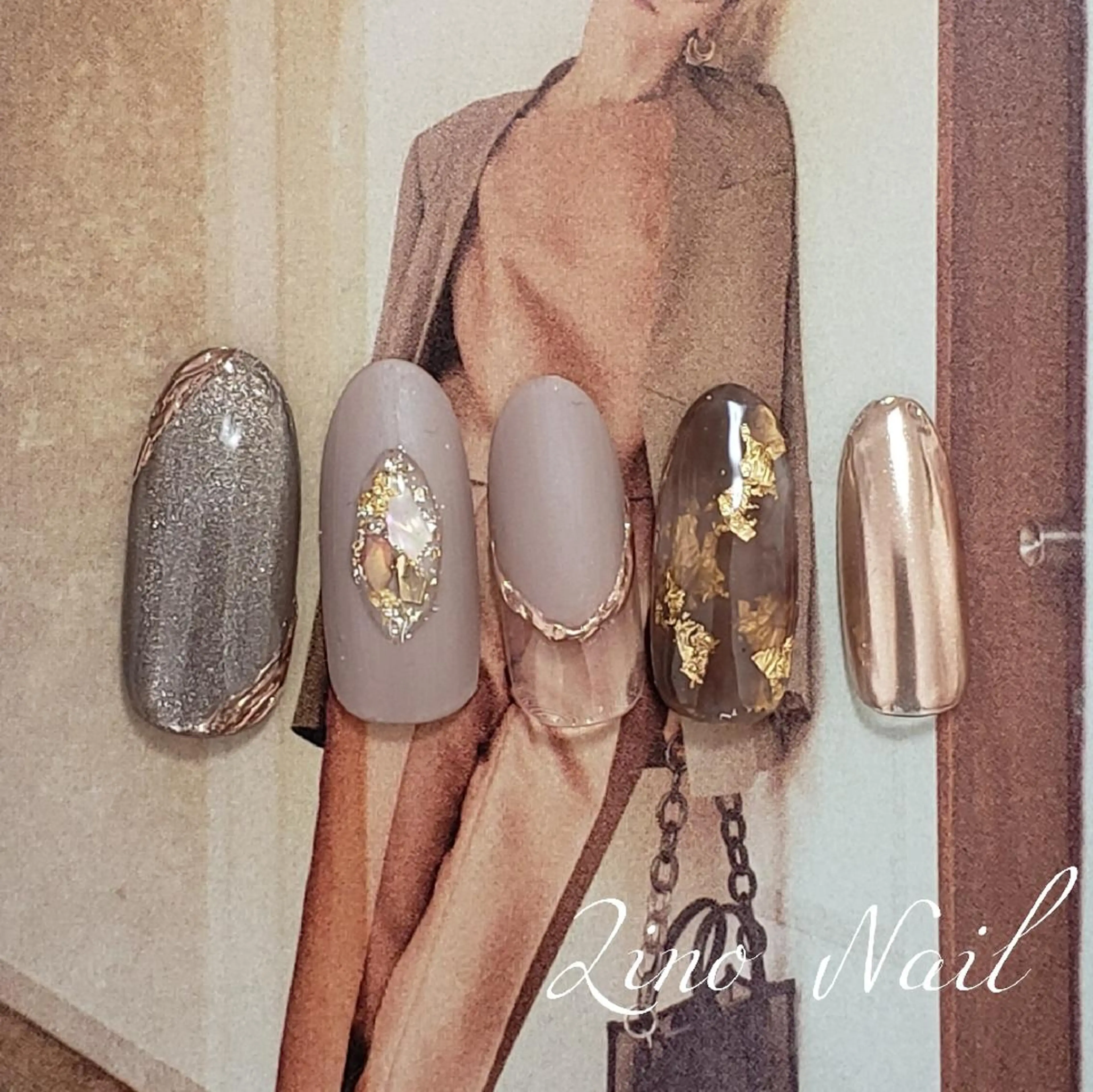 ネイル ブラウン カジュアル フレンチネイル ジェルネイル キラキラネイル ハンドネイル Lino Nailのネイルデザイン