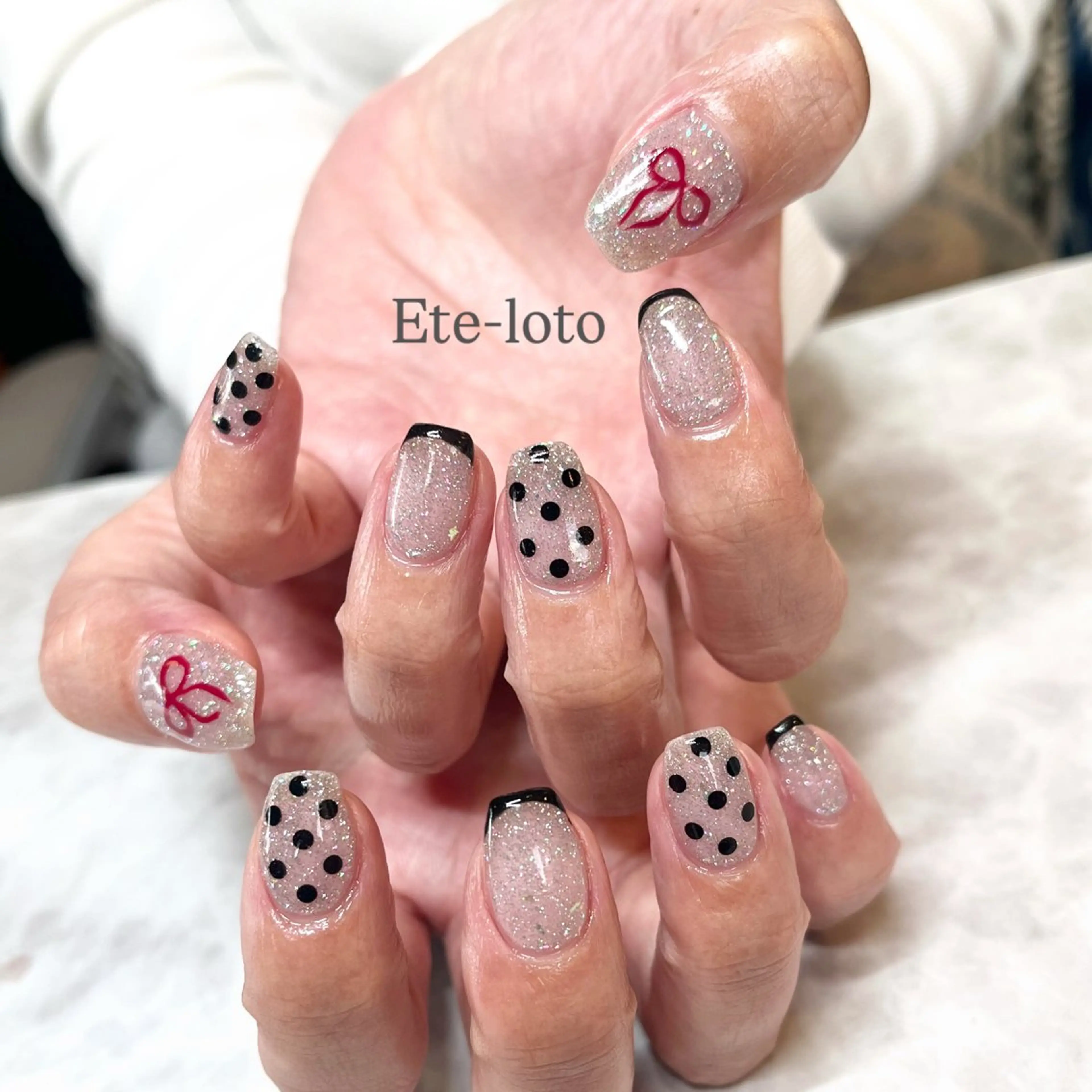 ネイル ドット フラッシュネイル ラメ(グリッター) リボン ハンドネイル nail bar Ete-lotoのネイルデザイン