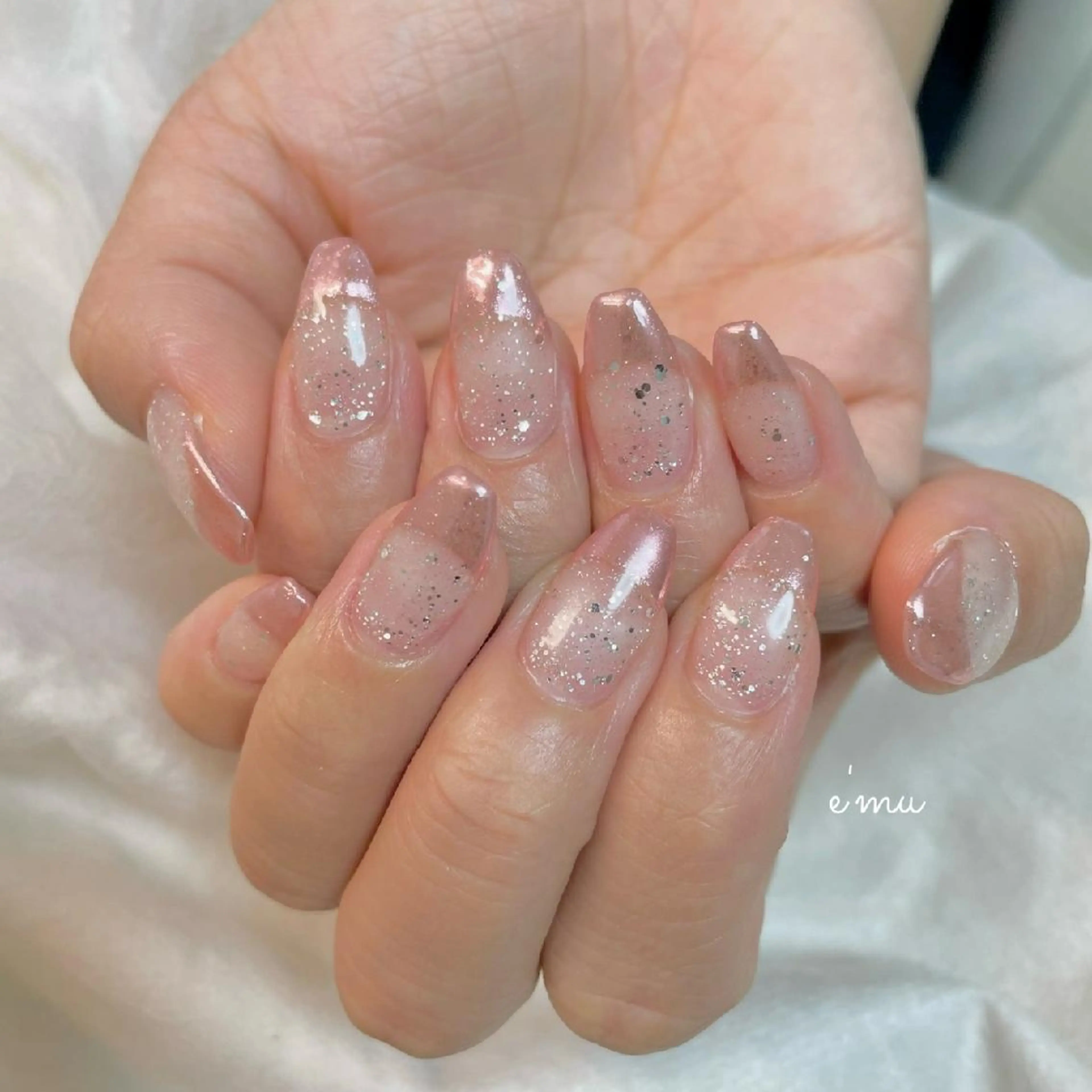 ネイル フレンチネイル キラキラネイル ミラーネイル ピンク ハンドネイル nail salon e'mu💐のネイルデザイン