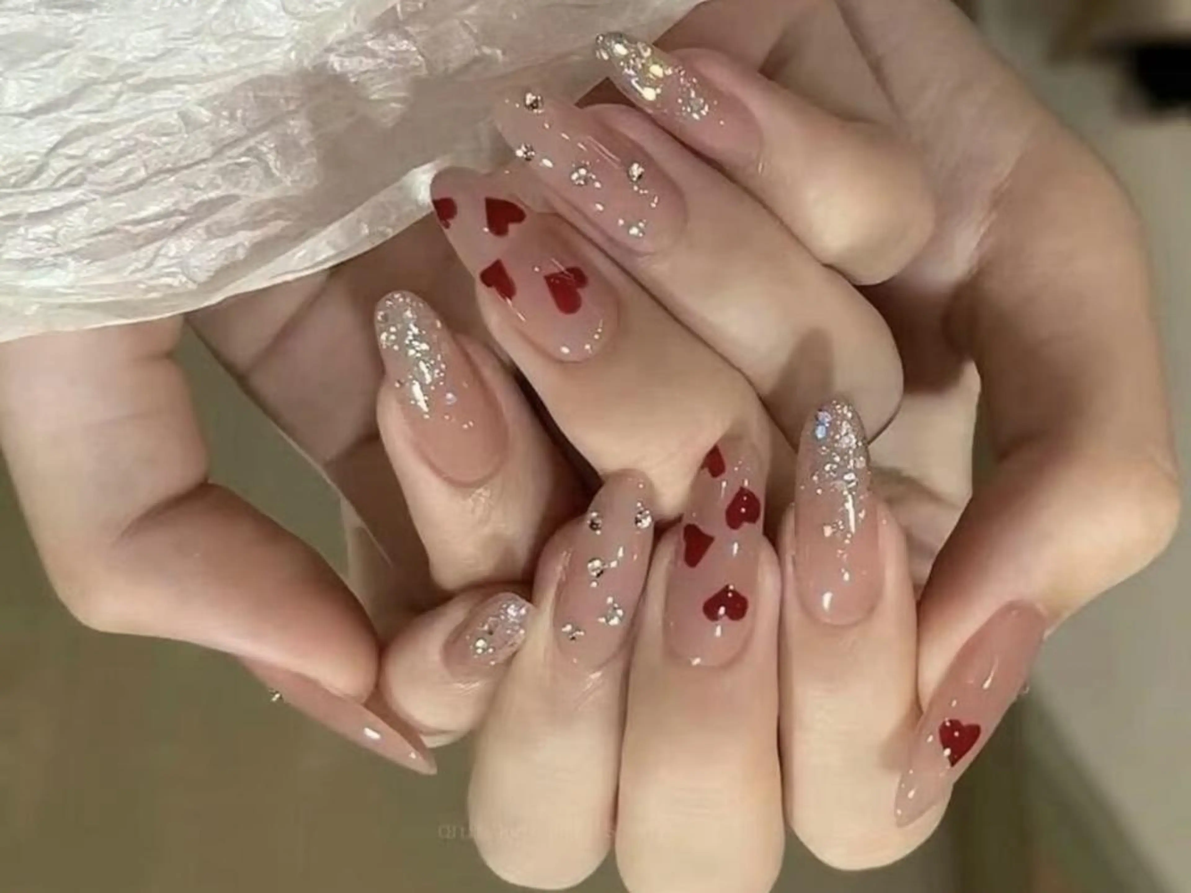 メンズ ネイル アートネイル フレンチネイル ジェルネイル ハート キラキラネイル ✨Bloom Ruby❣️のネイルデザイン