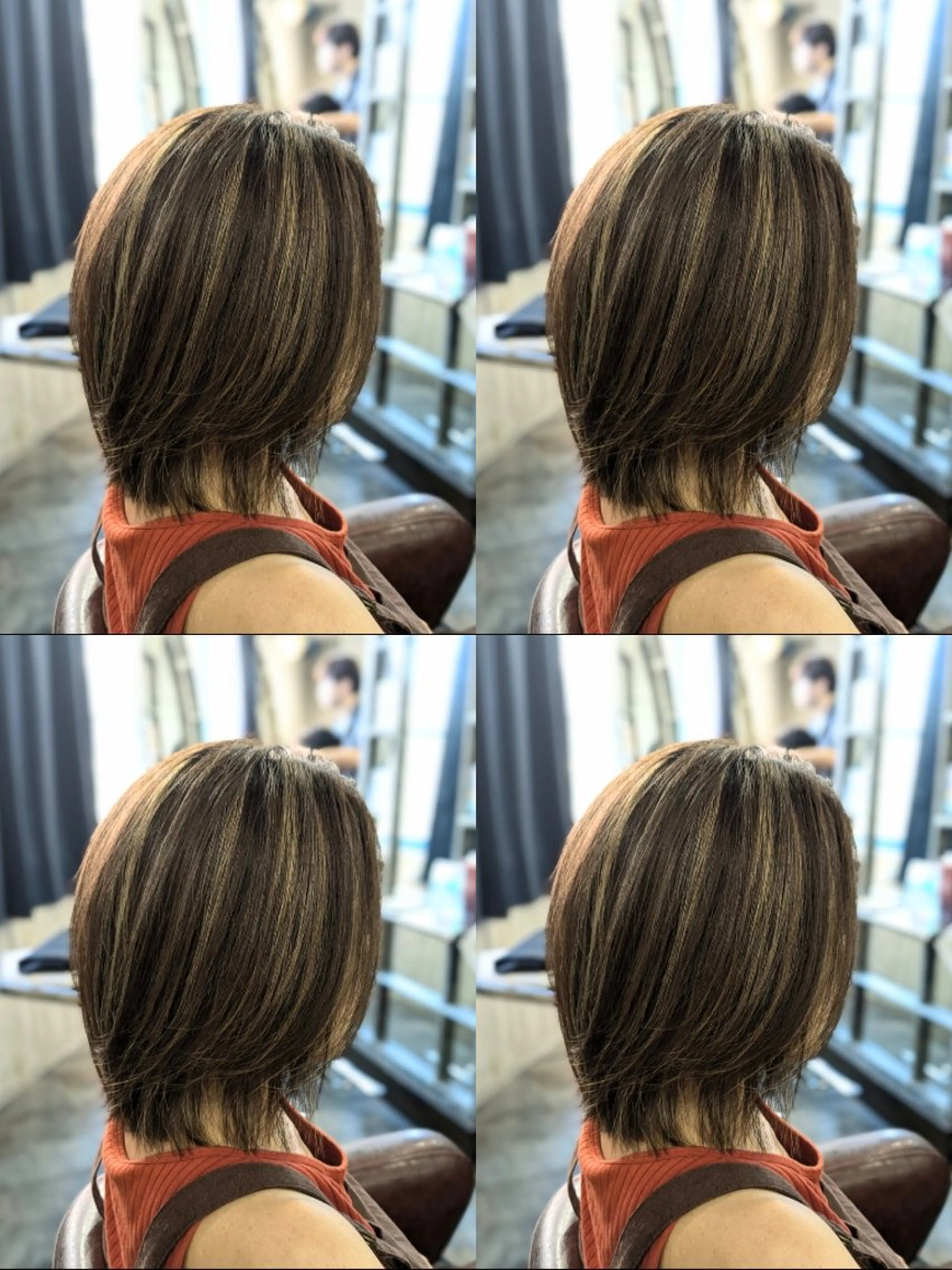 ミディアム カラー ボブレイヤー ハイライトカラー ボブ くびれヘア 顔まわりレイヤー カット ヘアカラー トリートメント メンズパーマ/顔周り レイヤーカット/えののヘアスタイル