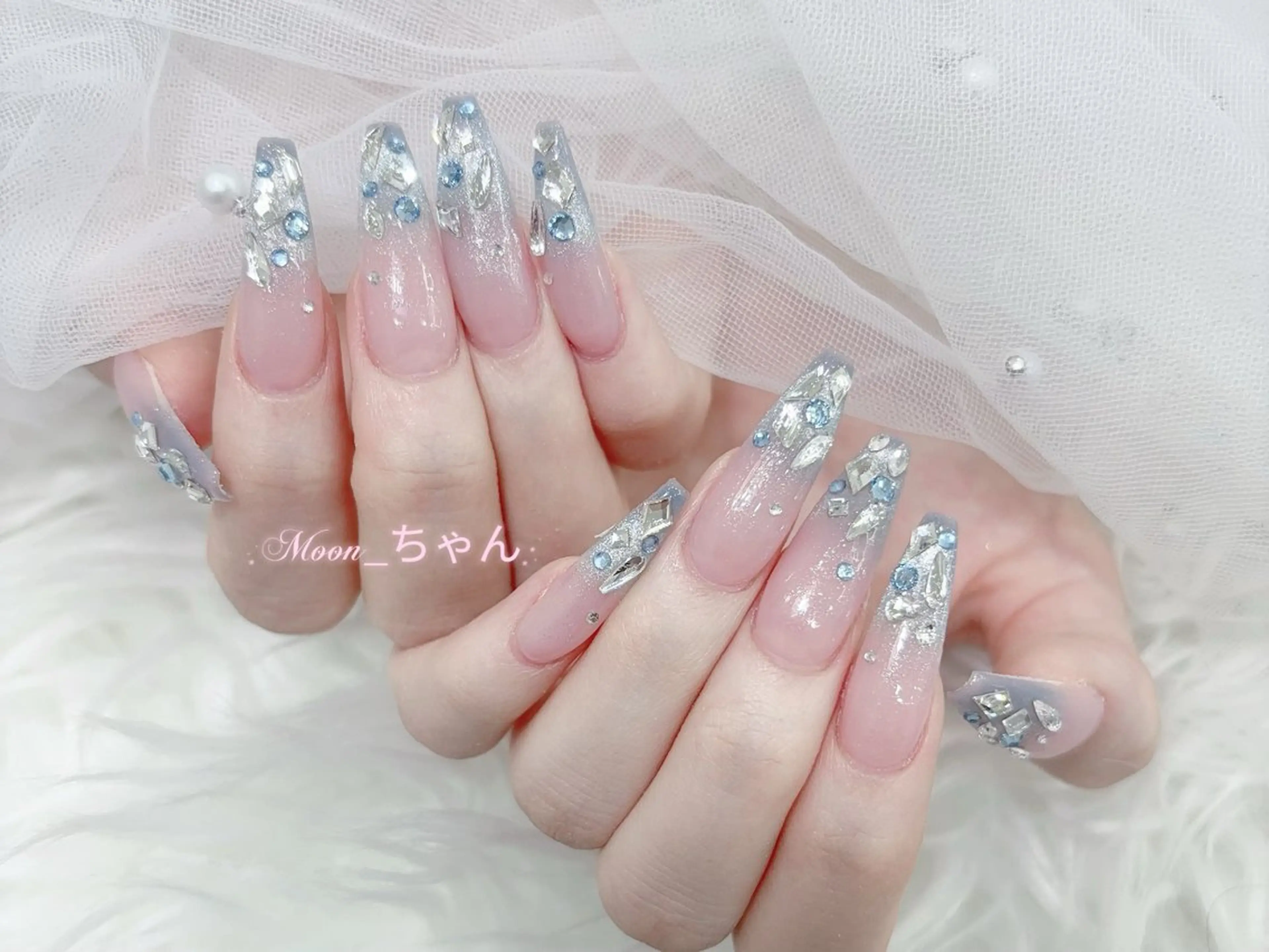 ネイル 成人式 大理石ネイル(マーブル) リボン 夏ネイル ネイルチップ ハンドネイル MoMoA Nail ネイル長さ出し専門店のネイルデザイン