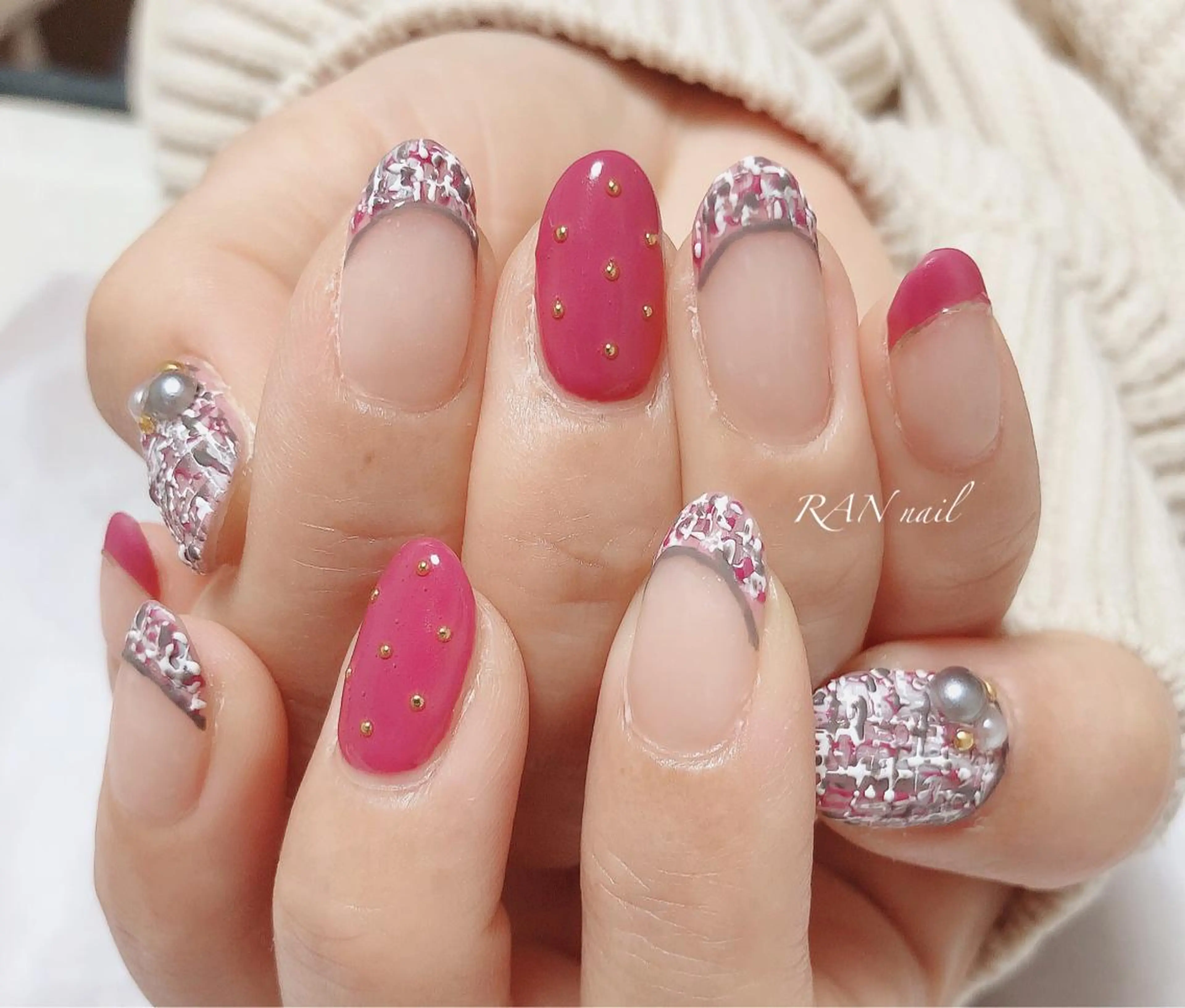 ネイル フレンチネイル ジェルネイル オフィスネイル ピンク ツイードネイル RAN nailのネイルデザイン