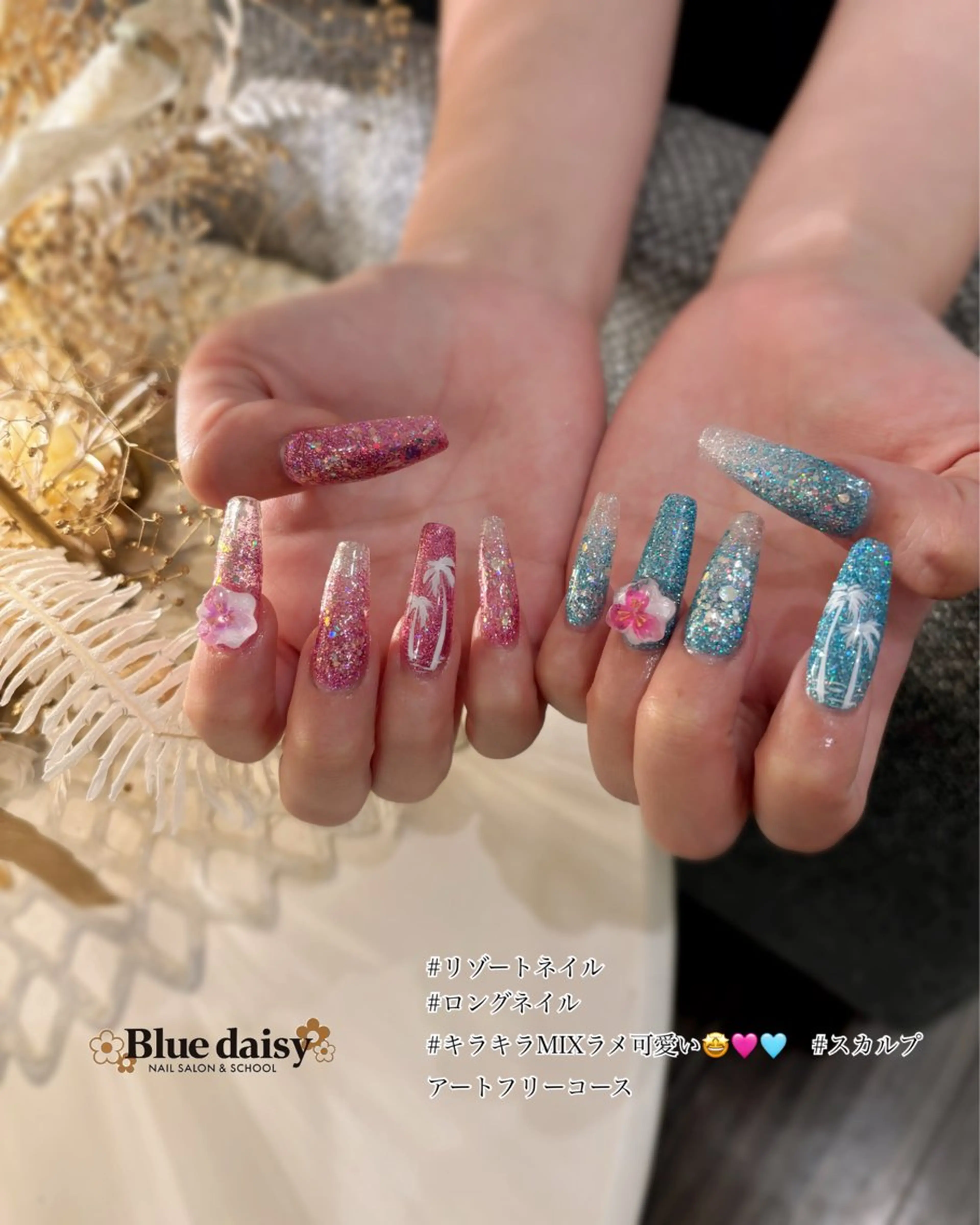 ネイル ジェルネイル マグネットネイル 持ち込み パラジェル ハンドネイル Blue daisy 栄本店のネイルデザイン