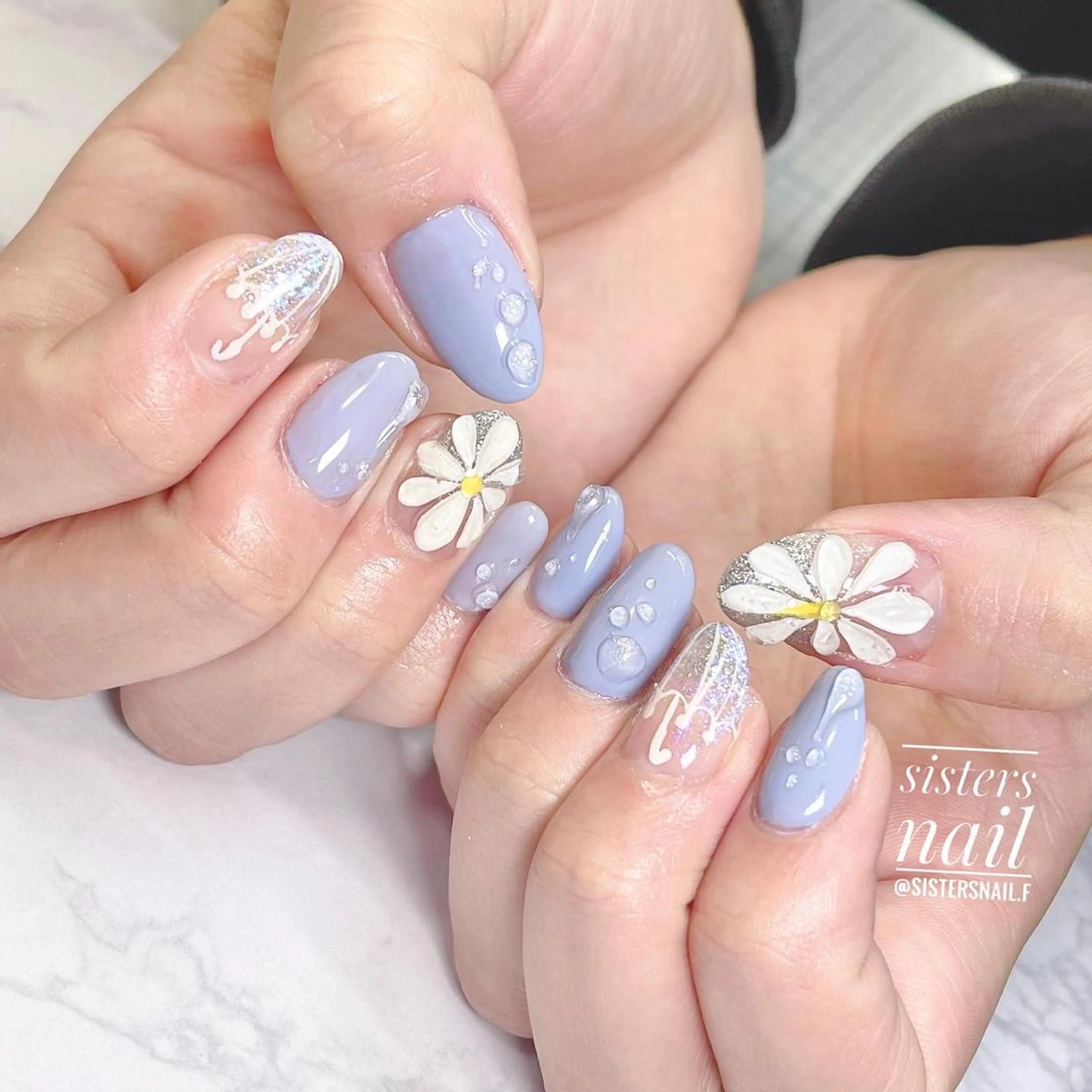 ネイル アートネイル ブルー フラワーネイル ぷっくりネイル 夏ネイル sisters nail.fのネイルデザイン