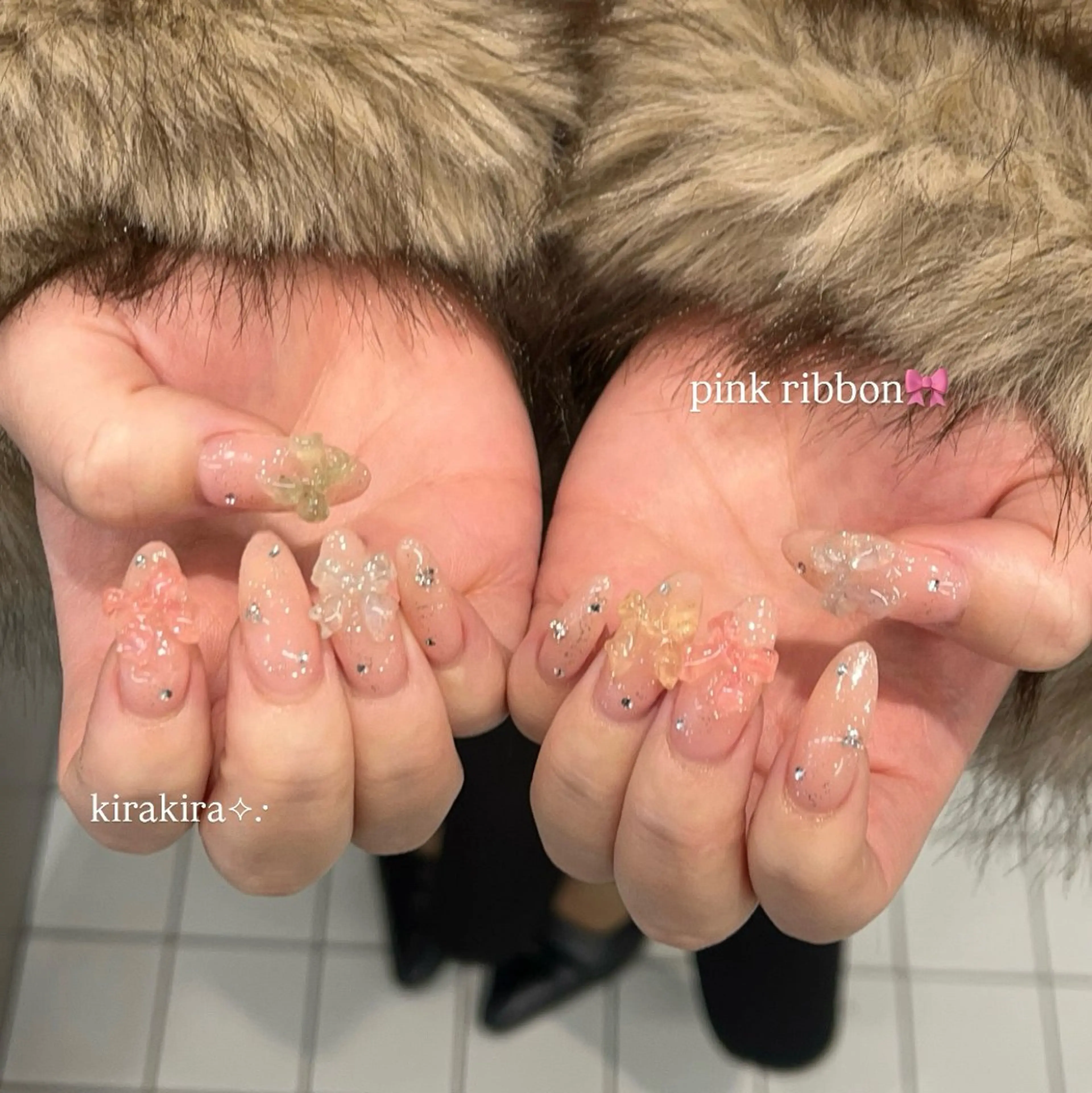 ネイル キラキラネイル レース ロングネイル リボン 冬ネイル ハンドネイル eight nail 春菜のネイルデザイン