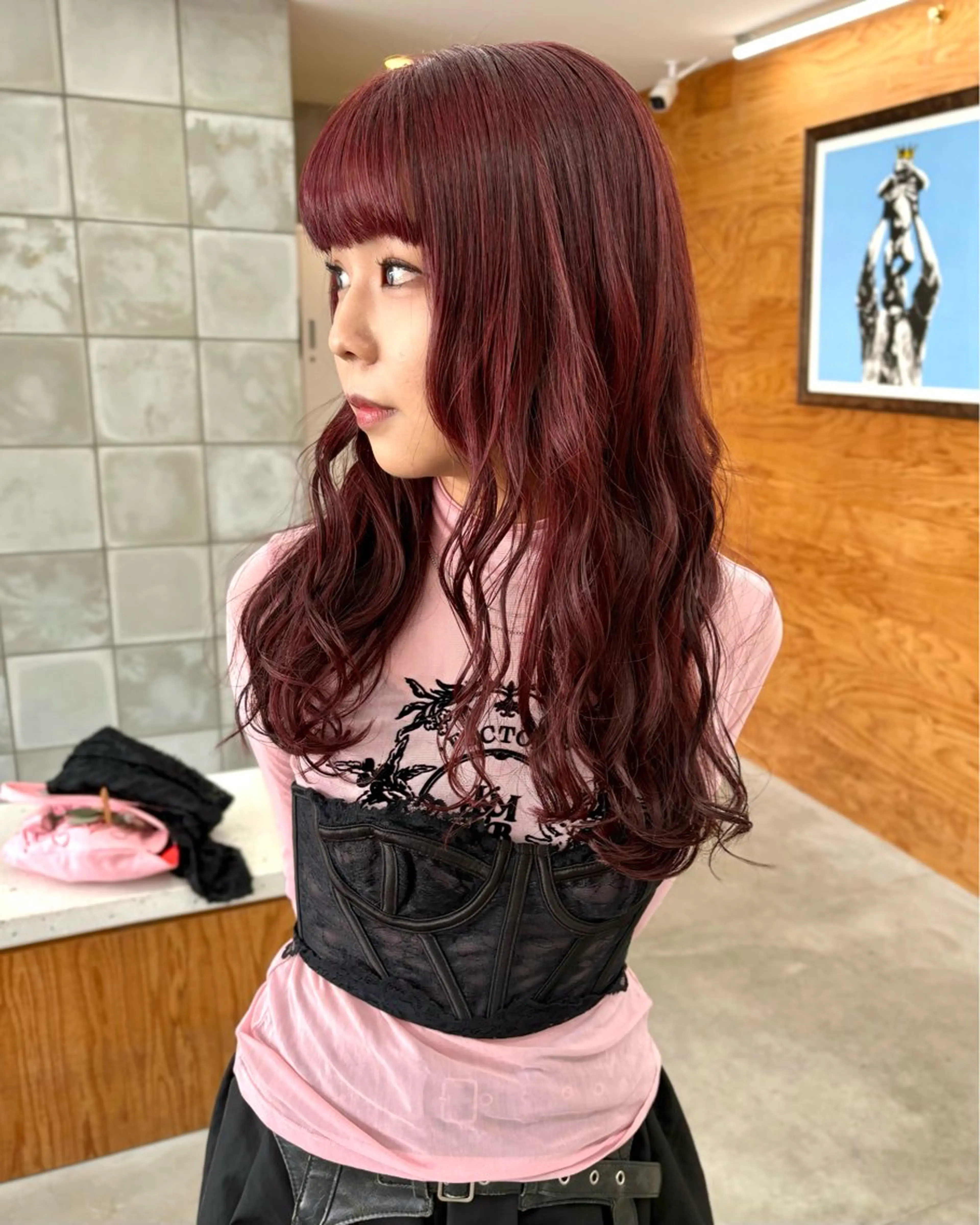 セミロング カラー パーマ ブリーチ ブリーチなしカラー ピンクカラー レッドカラー tetohair 森田浩平のヘアスタイル