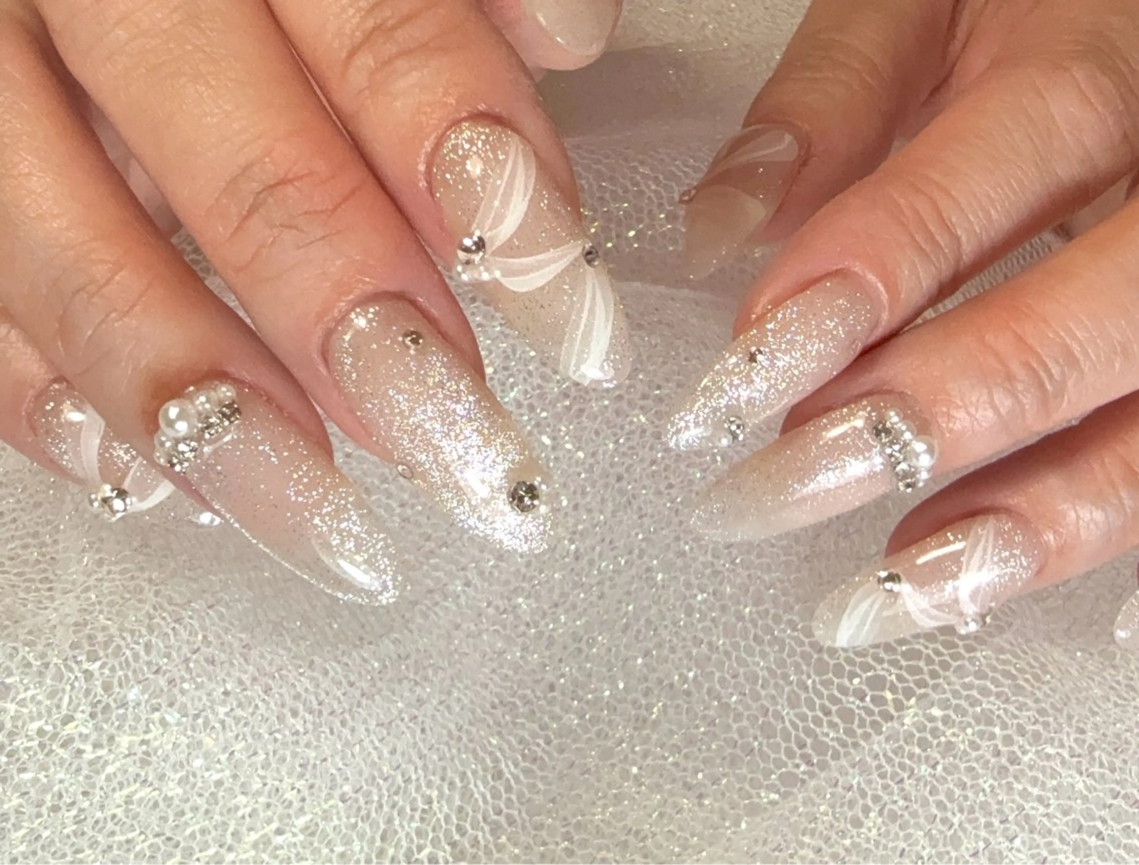 ネイル アートネイル 長さ出し ロングネイル マグネットネイル リボン Nail salon アトリエジョワ　金山のネイルデザイン