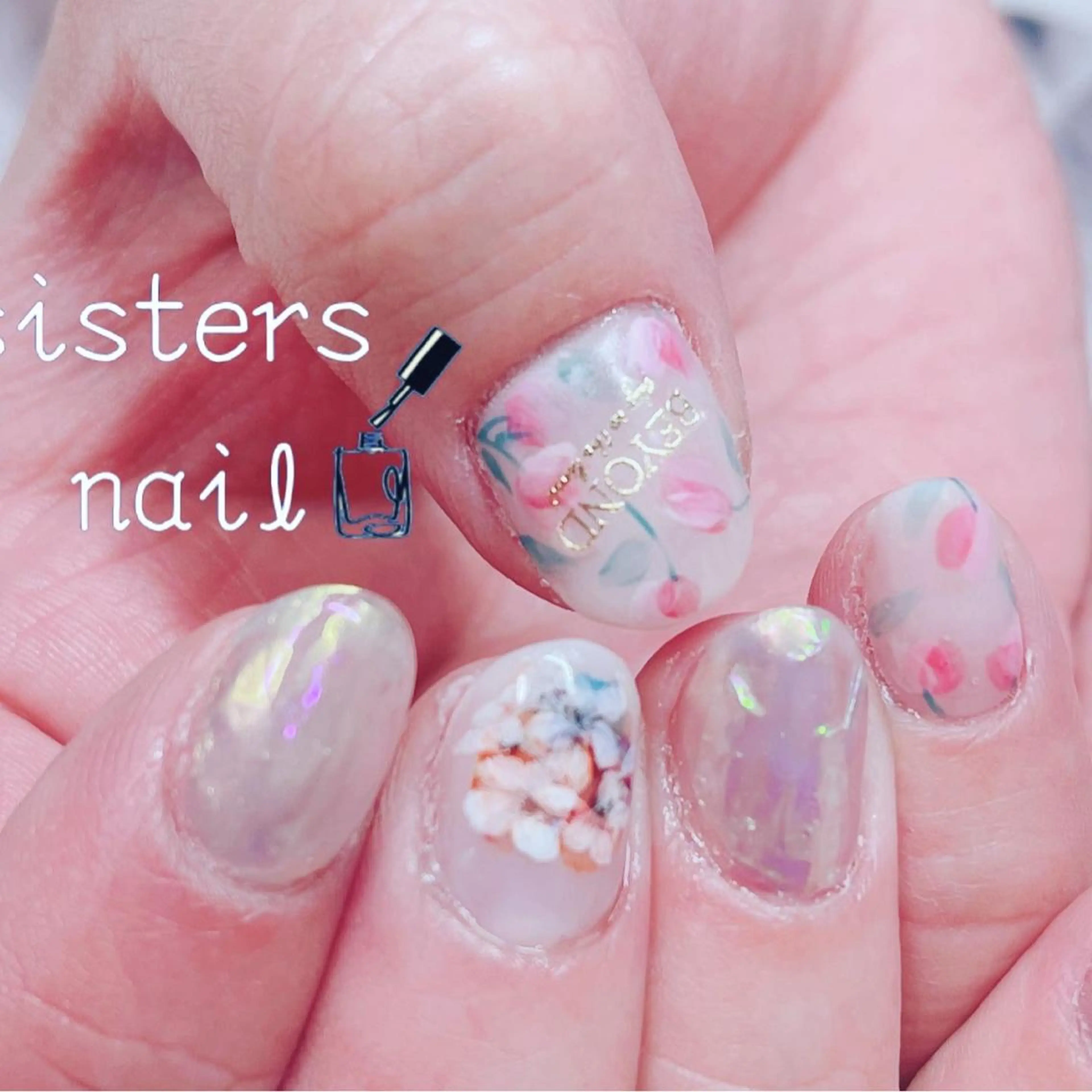 ネイル アートネイル フラワーネイル キラキラネイル 春ネイル ハンドネイル ハンドケア sisters nail.fのネイルデザイン