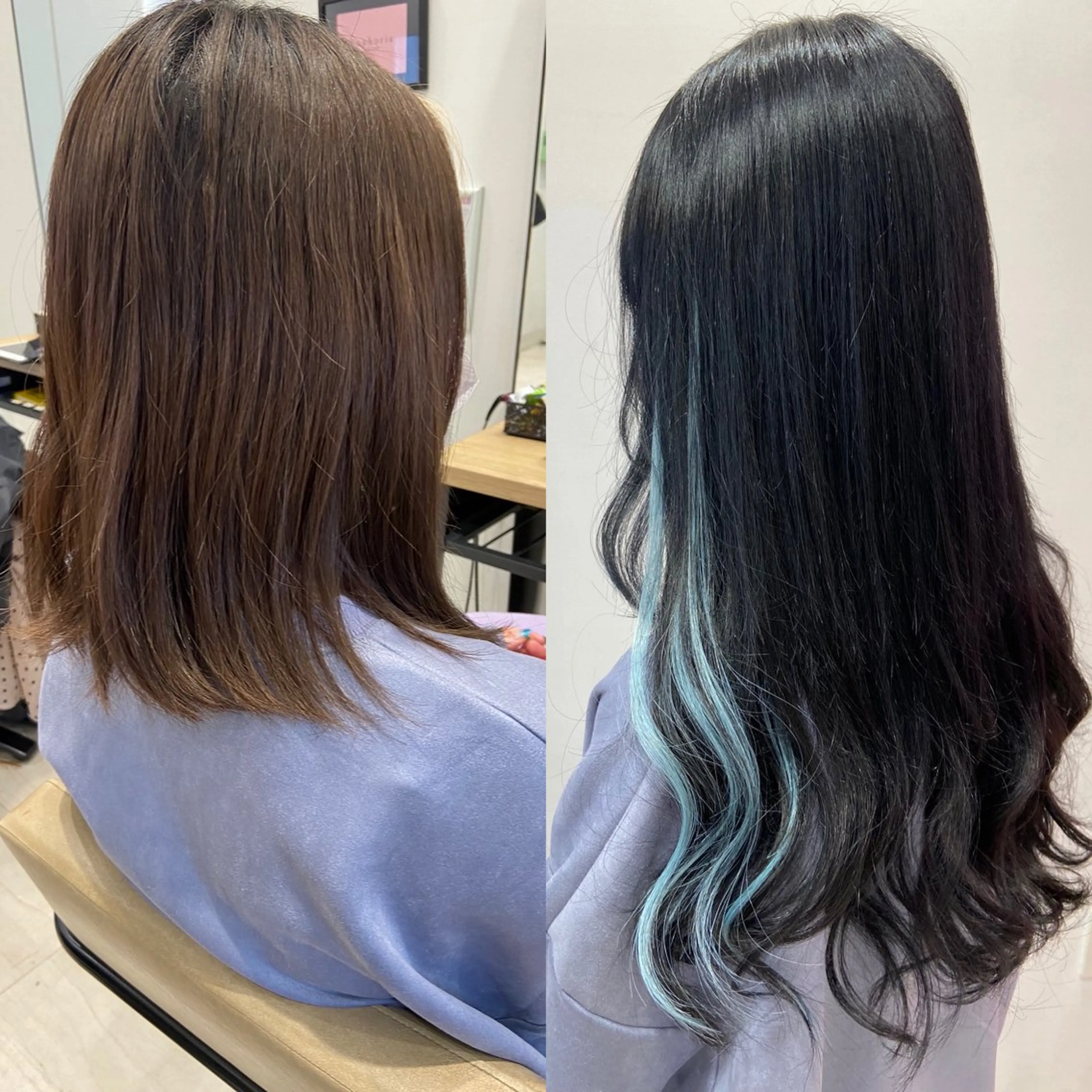 ロング カラー シールエクステ 黒髪 ブルーカラー ブルーブラック インナーカラー カット ヘアカラー エクステ 新宿/韓国ヘア 中明度カラー/かやのヘアスタイル