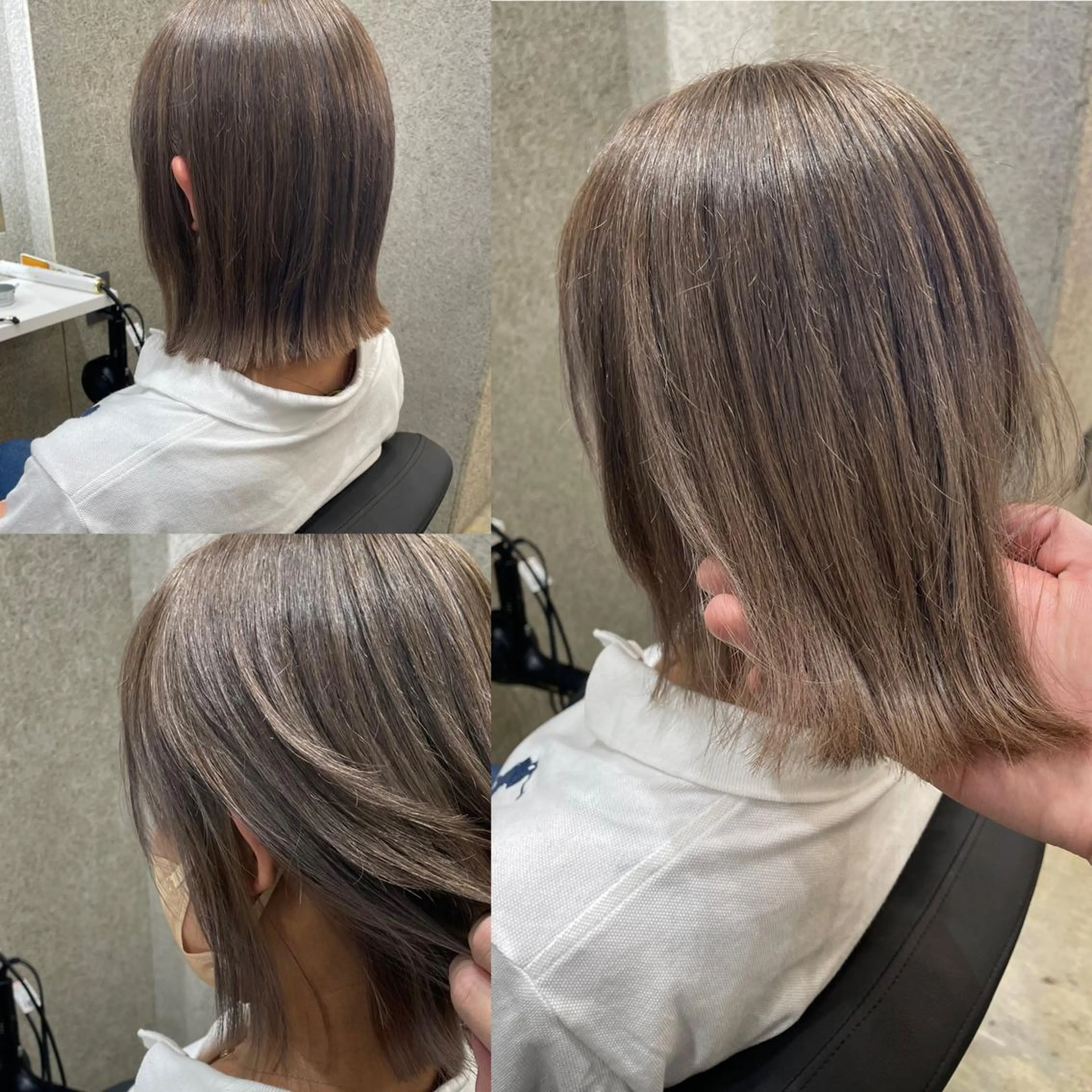 ミディアム カラー ヘアアレンジ ボブレイヤー ミディアムパーマ バレイヤージュ ミストバング ベージュカラー カット ヘアカラー 韓国風レイヤー ハイトーンRYOTAのヘアスタイル