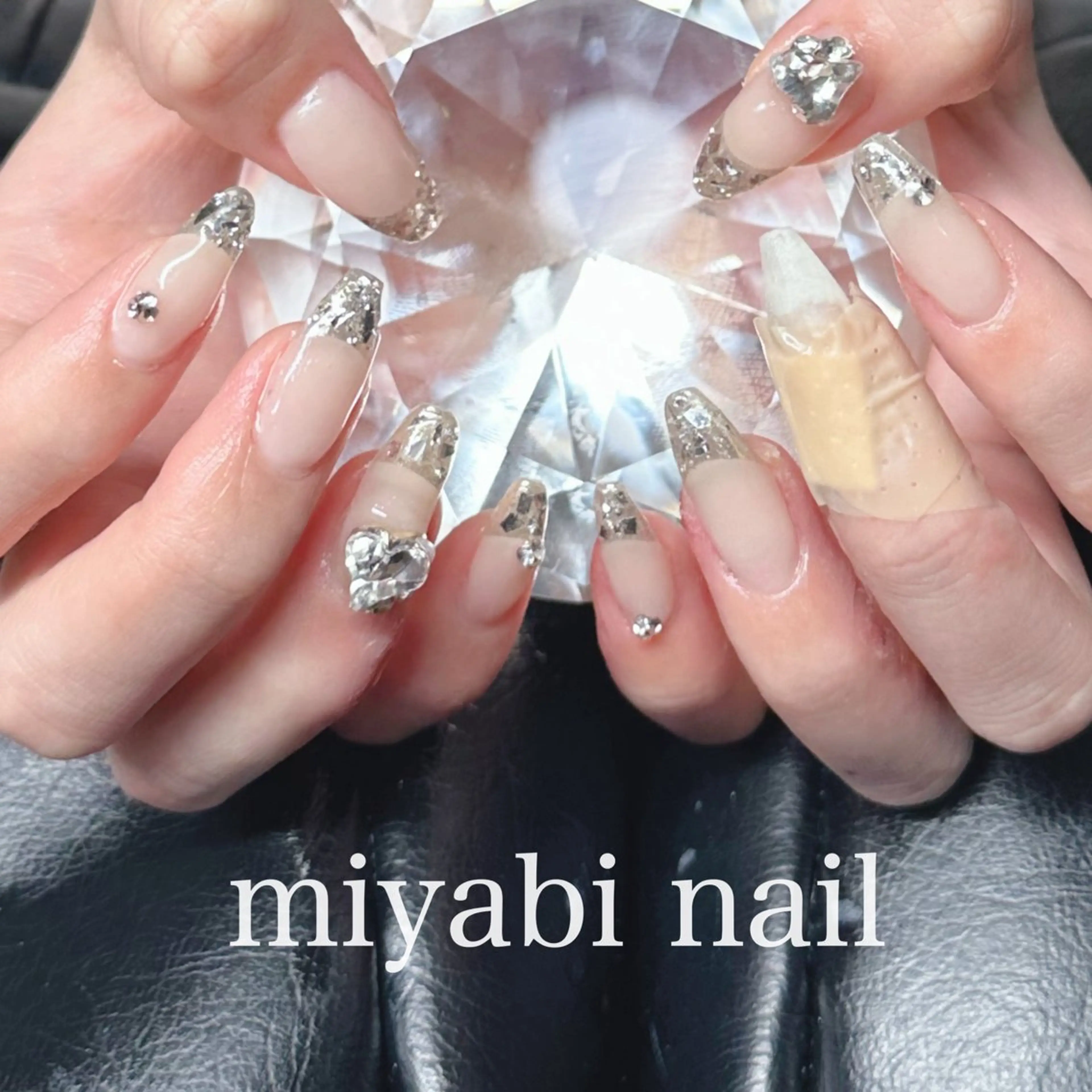 ネイル フレンチネイル ガラスフレンチ ハート キラキラネイル ミラーネイル ハンドネイル miyabi nail 桂川駅近くのネイルデザイン