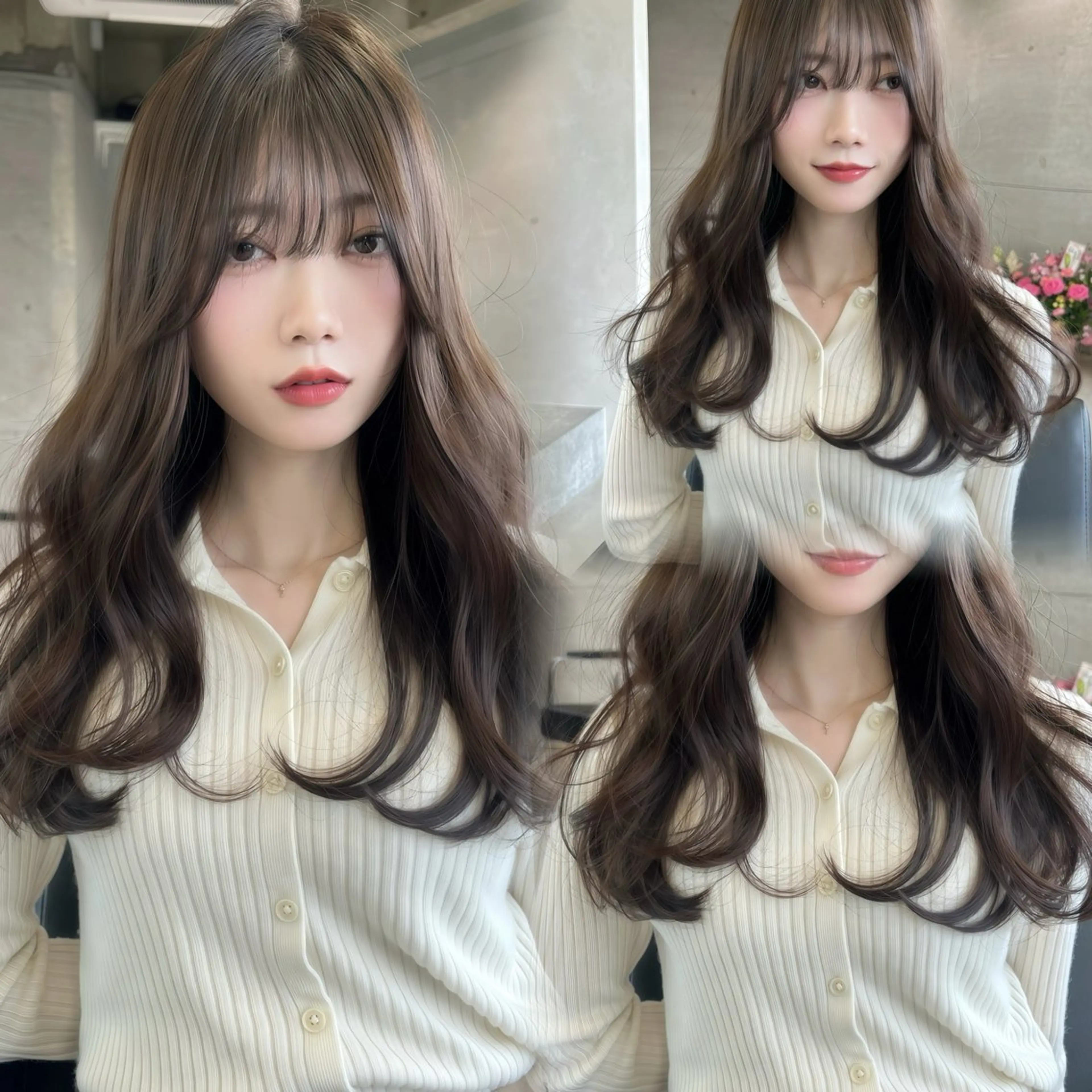 セミロング カット ヘアカラー トリートメント 韓国🇰🇷レイヤー カットオリーブカラーのヘアスタイル