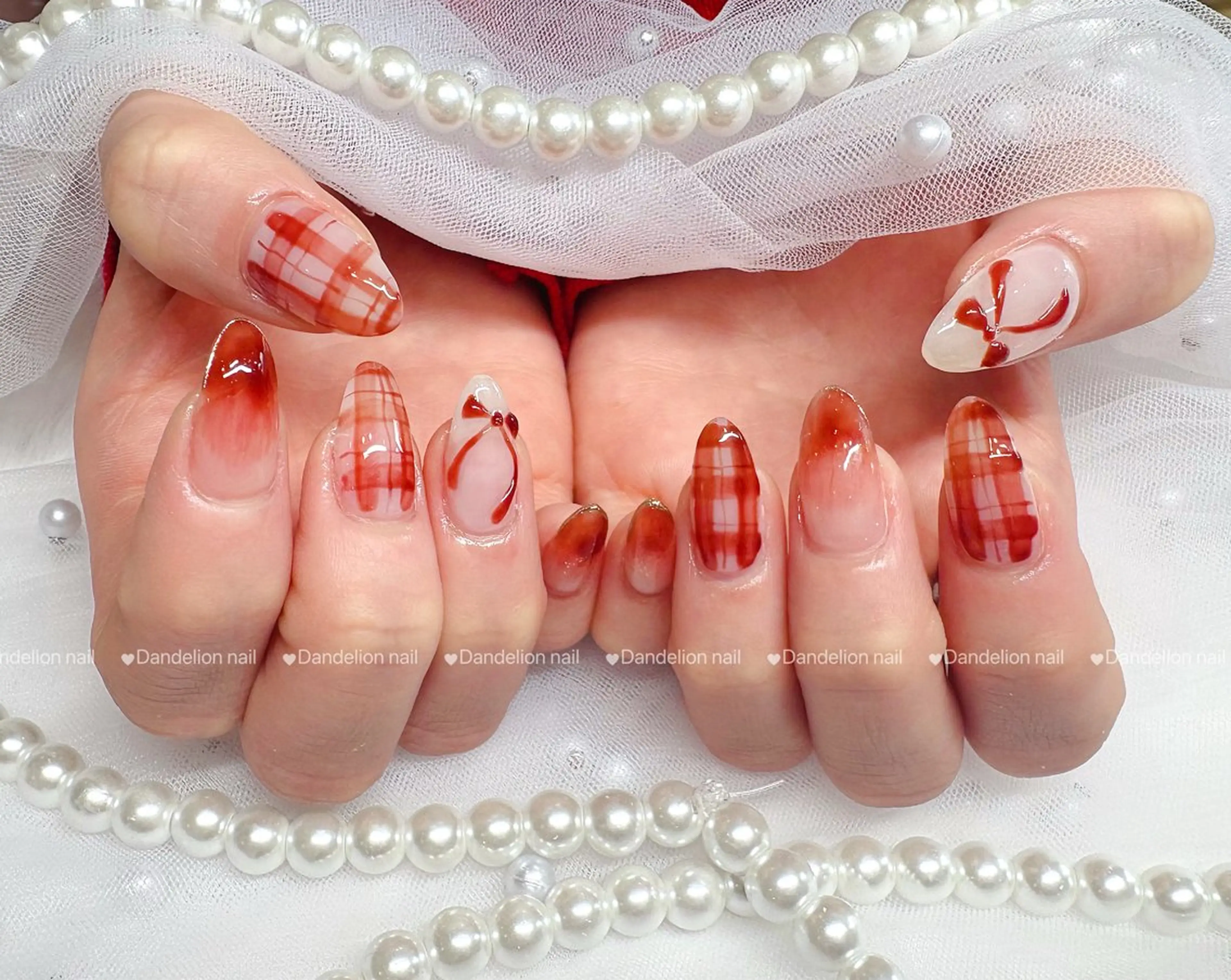 ネイル 持ち込み リボン ワンホンネイル ハンドネイル dandelion nail北千住のネイルデザイン