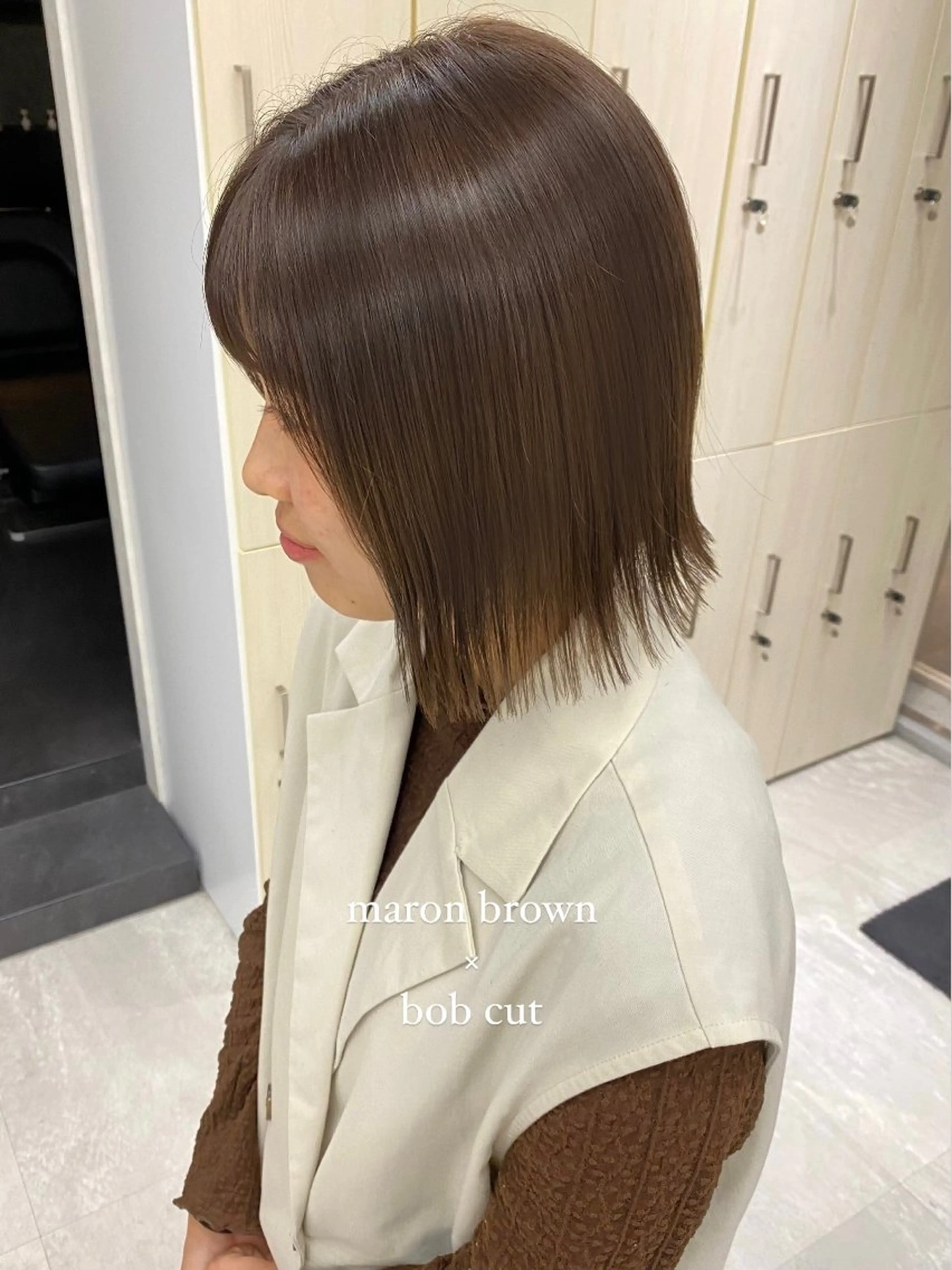 ミディアム カラー ブラウンカラー マロンブラウン ボブ むく。/顔周りカット /透明感カラーのヘアスタイル