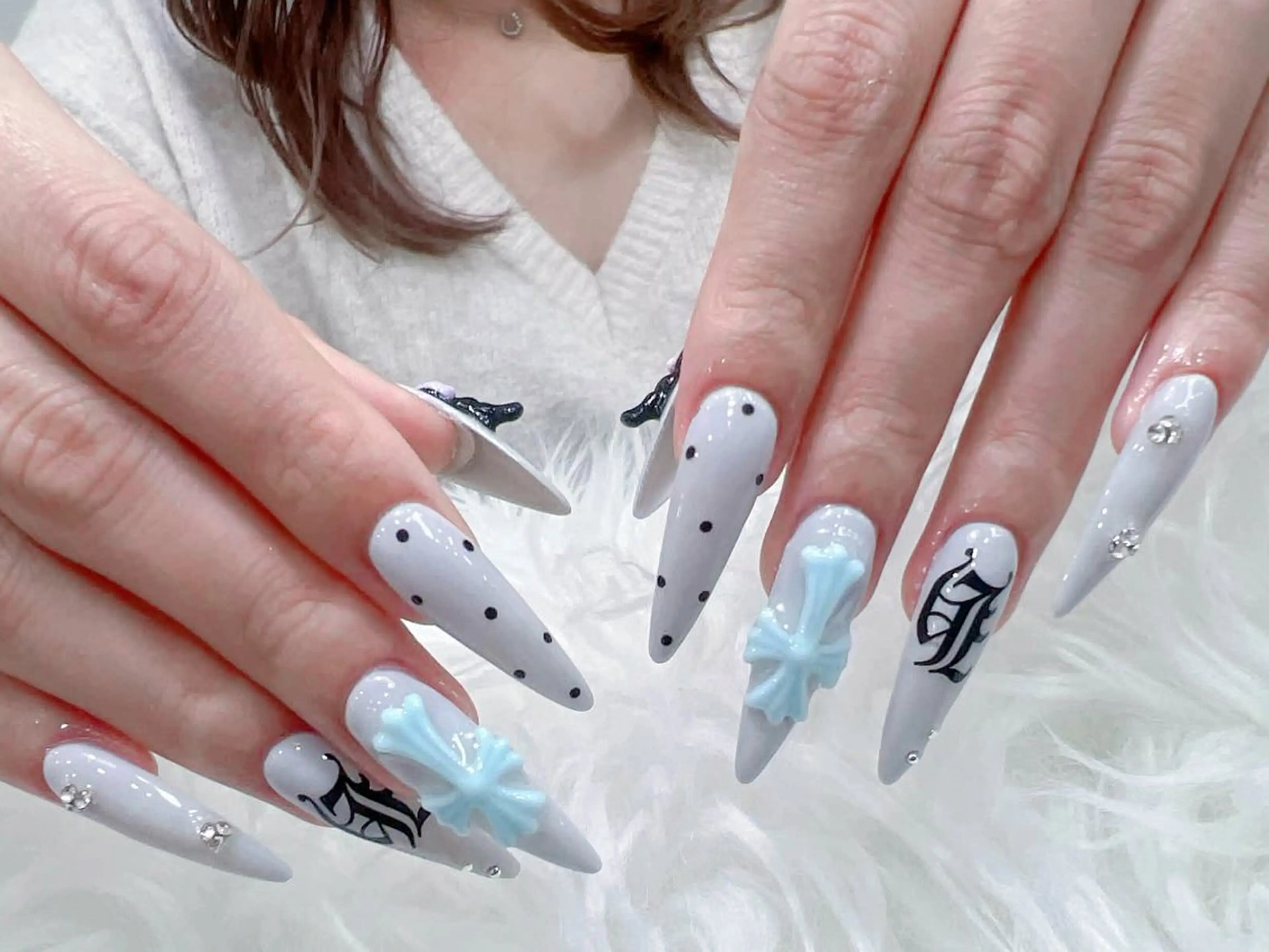 ネイル 成人式 大理石ネイル(マーブル) リボン 夏ネイル ネイルチップ ハンドネイル MoMoA Nail ネイル長さ出し専門店のネイルデザイン