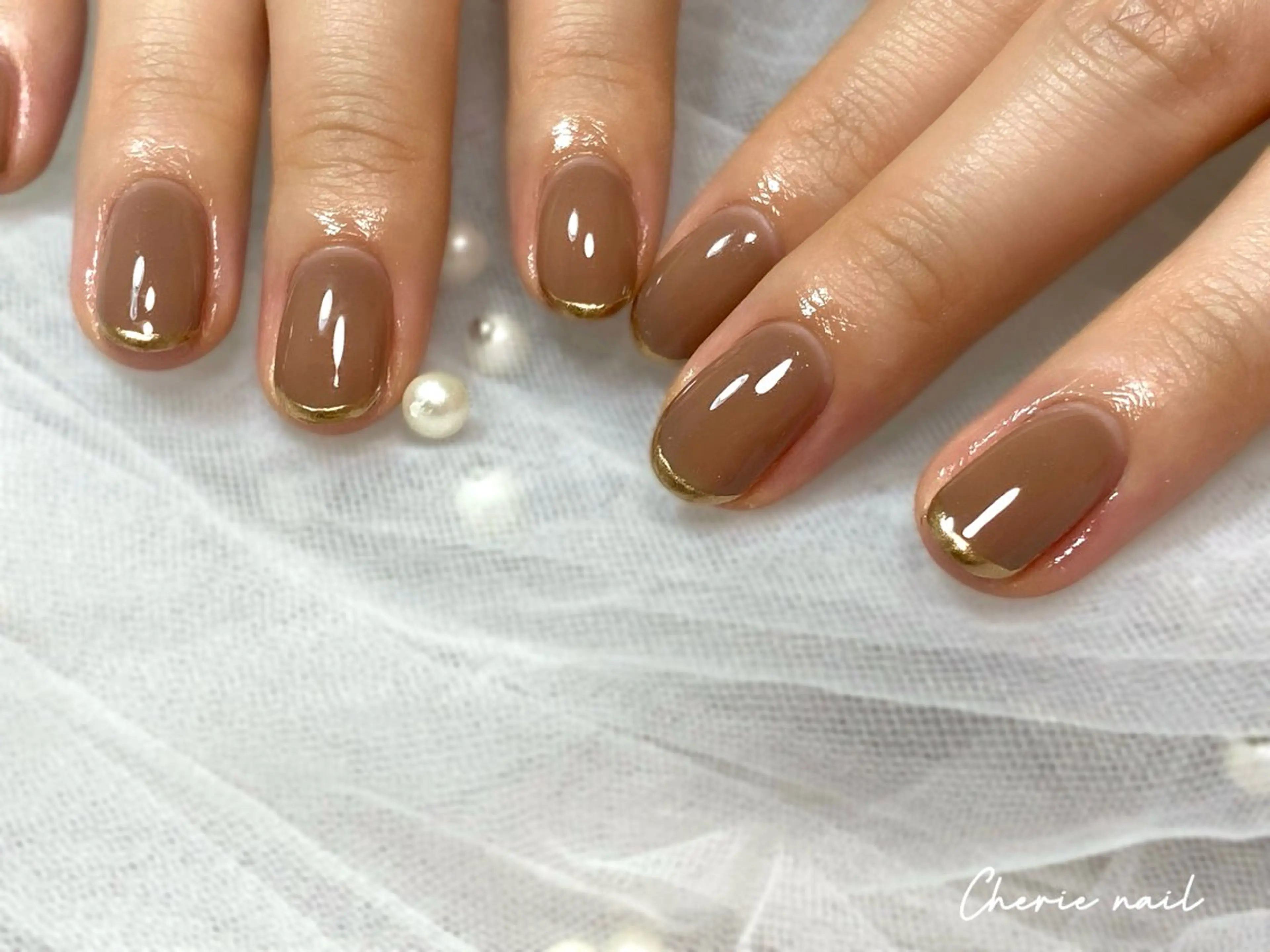 ネイル ブラウン フレンチネイル ジェルネイル ミラーネイル オフィスネイル Cherienail yunaのネイルデザイン