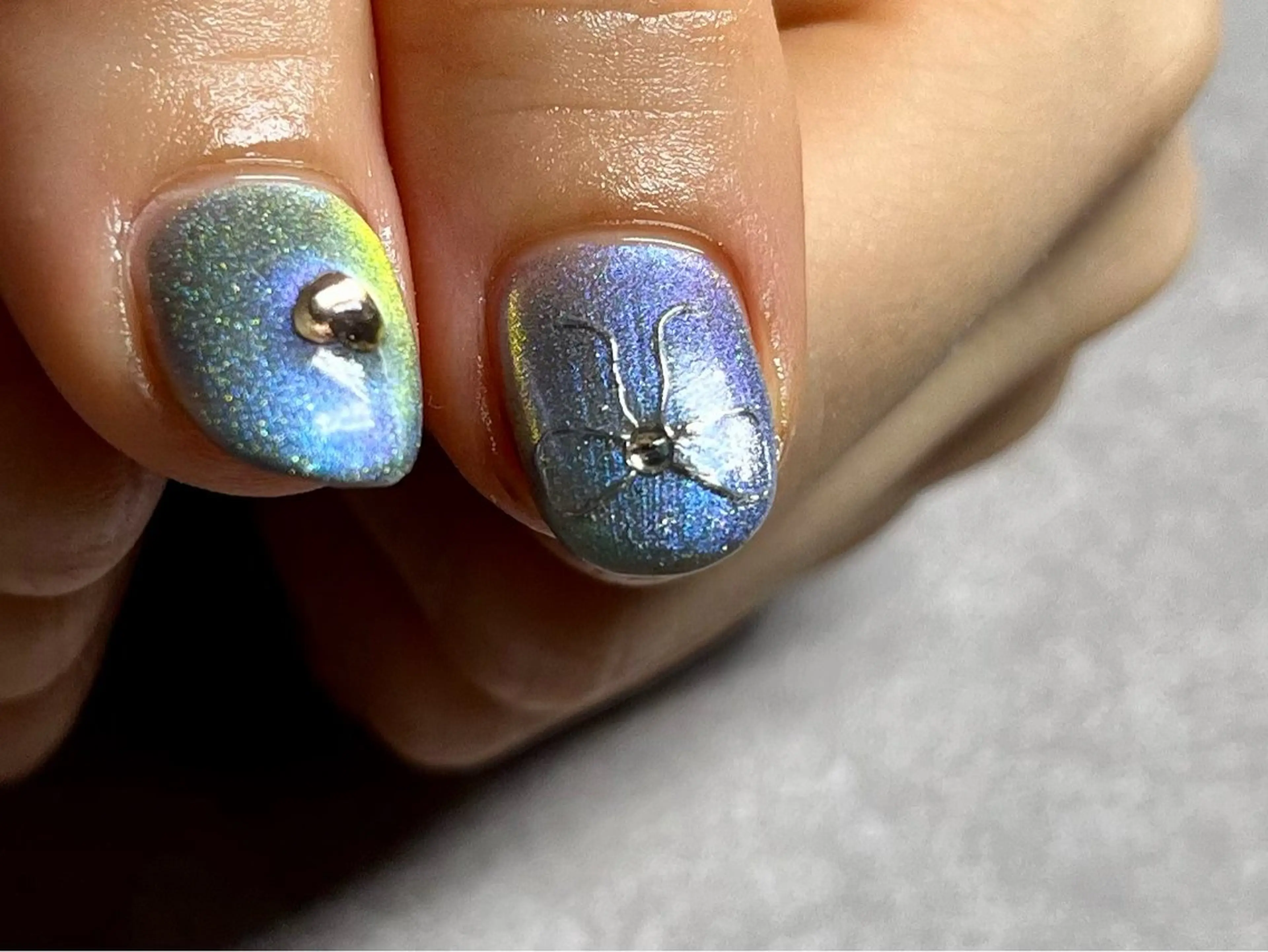 ネイル ブルー マグネットネイル リボン ハンドネイル kupu所属・ネイルサロン kupuのネイルデザイン