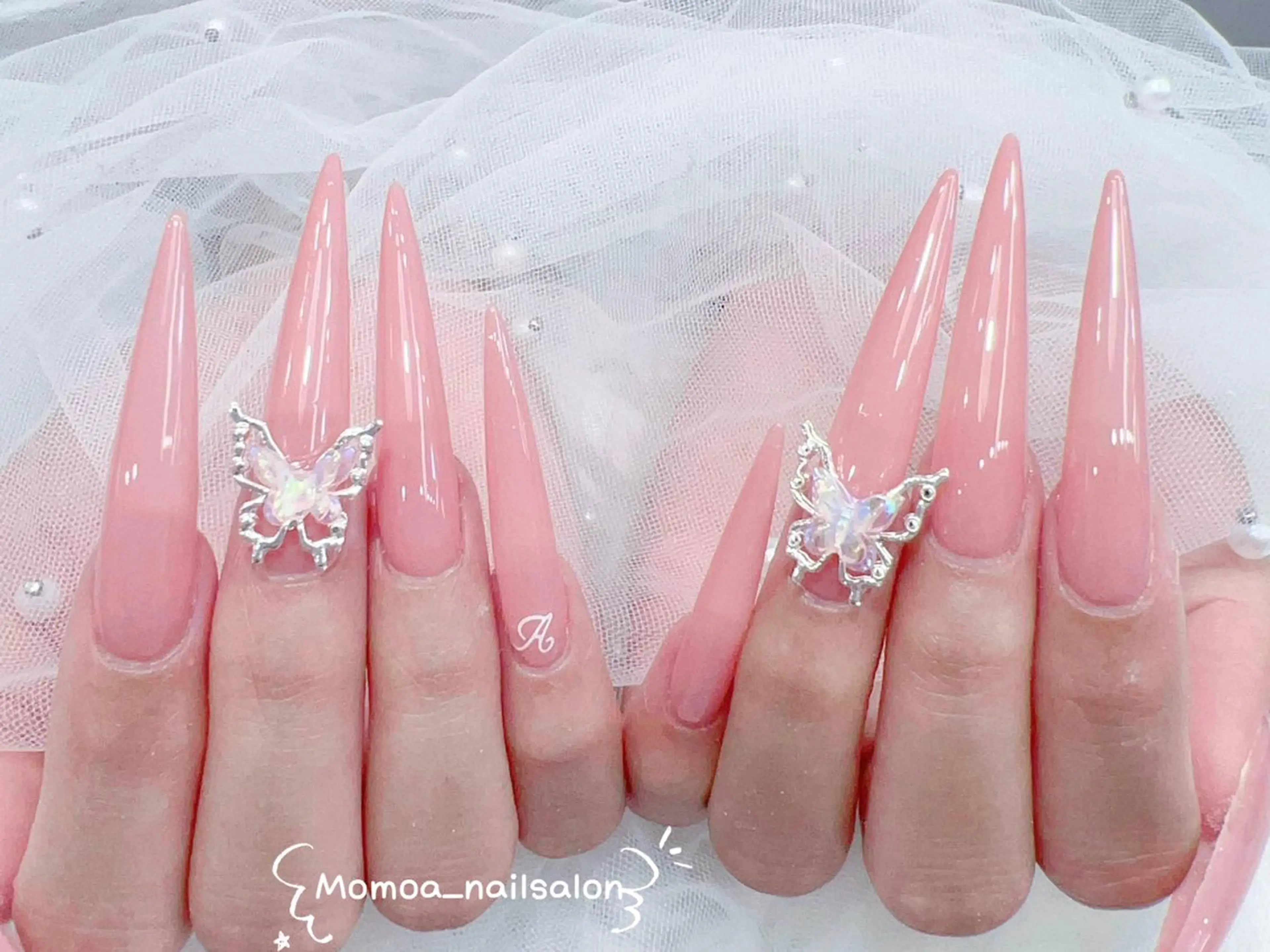 ネイル 成人式 ロングネイル マグネットネイル 大理石ネイル(マーブル) 持ち込み ハンドネイル MoMoA Nail ネイル長さ出し専門店のネイルデザイン