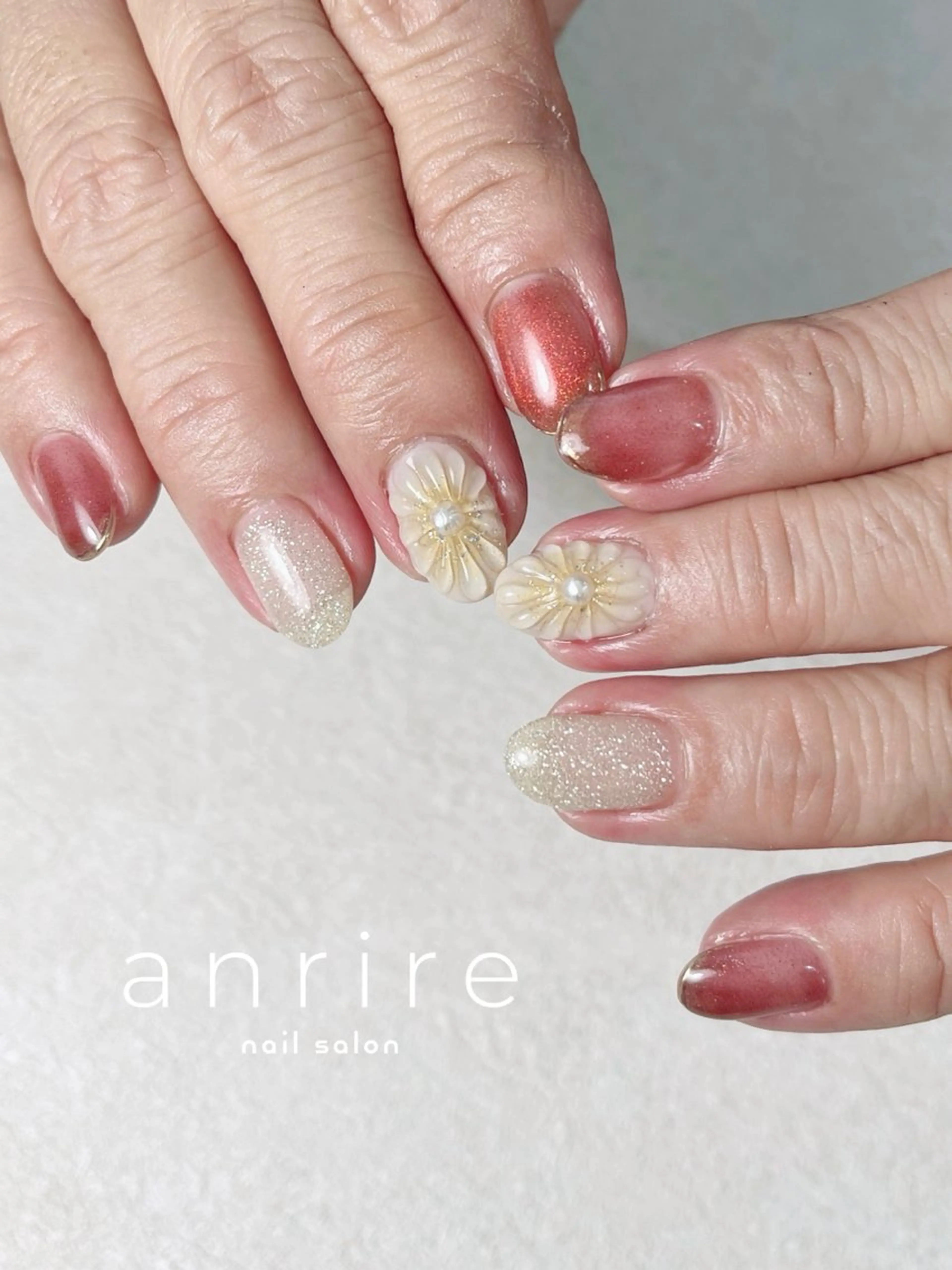 ネイル ボルドー フラッシュネイル フラワーネイル ジェルネイル キラキラネイル ハンドネイル nailsalon anrireのネイルデザイン