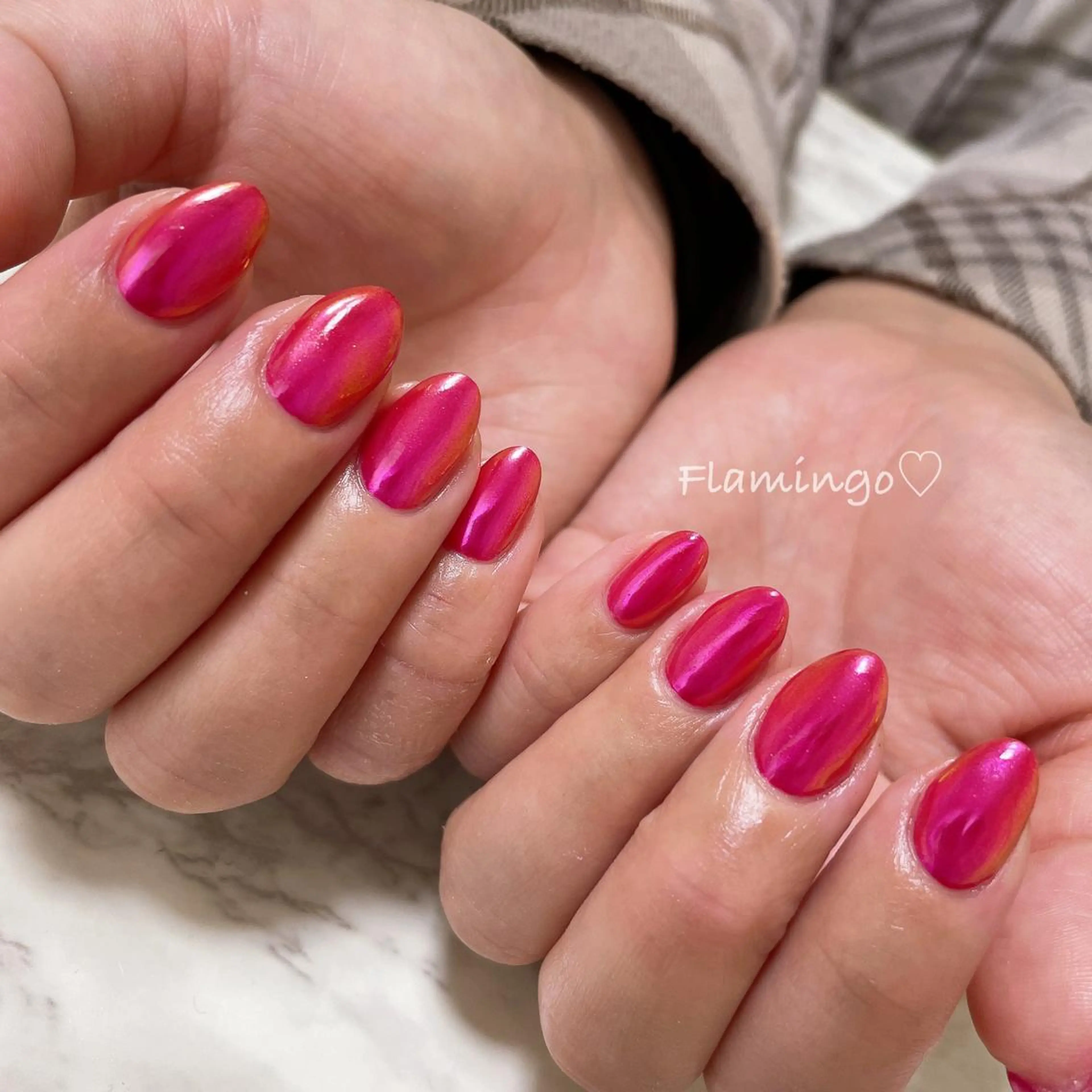 ネイル ジェルネイル ミラーネイル ワンカラーネイル ピンク シンプルネイル ハンドネイル フィルイン／自爪育成 ／爪に優しい施術のネイルデザイン