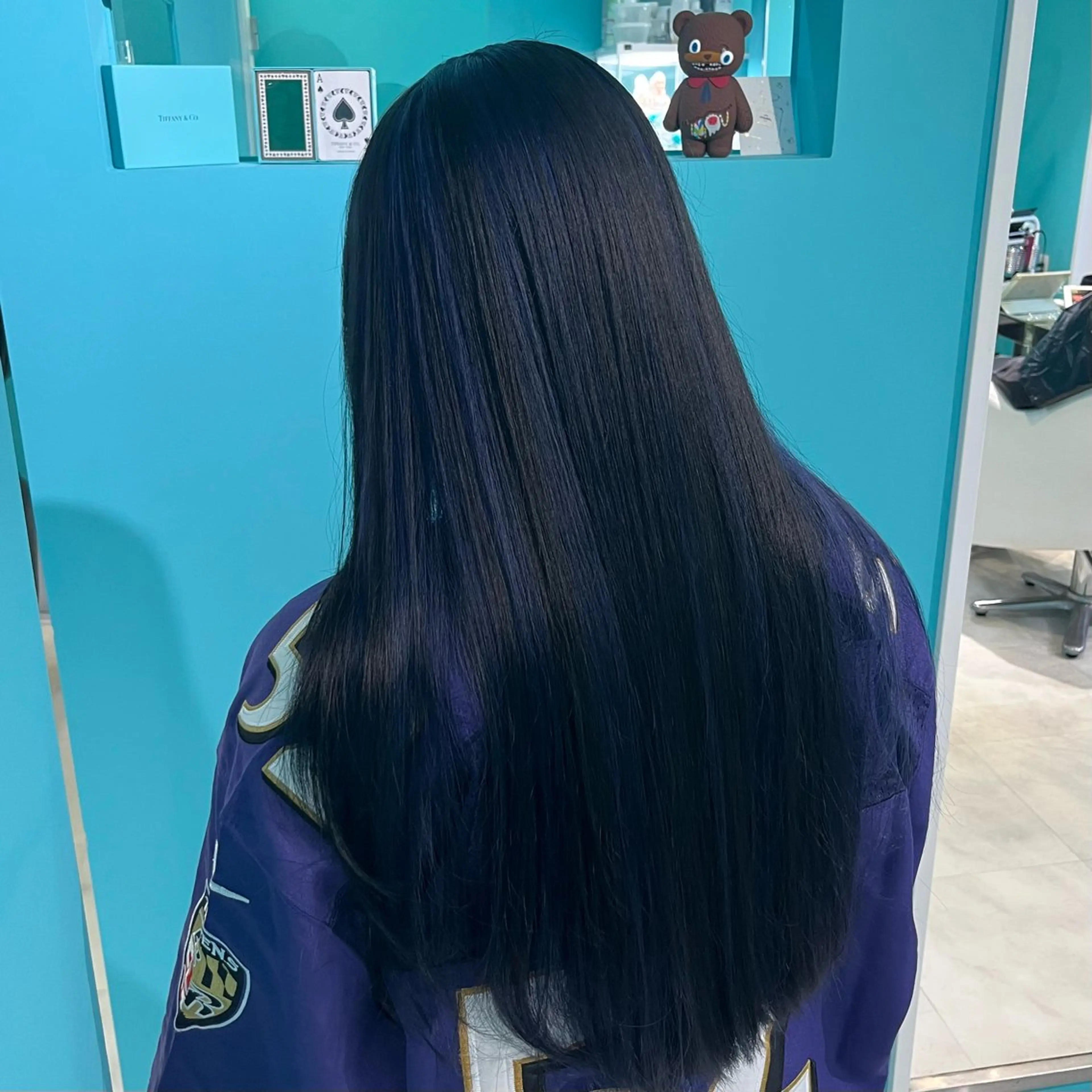 ロング カラー ベージュカラー 黒髪 ブリーチ ブルーカラー ブルーブラック 天神/ケアブリーチ/ 髪質改善/上質艶髪のヘアスタイル