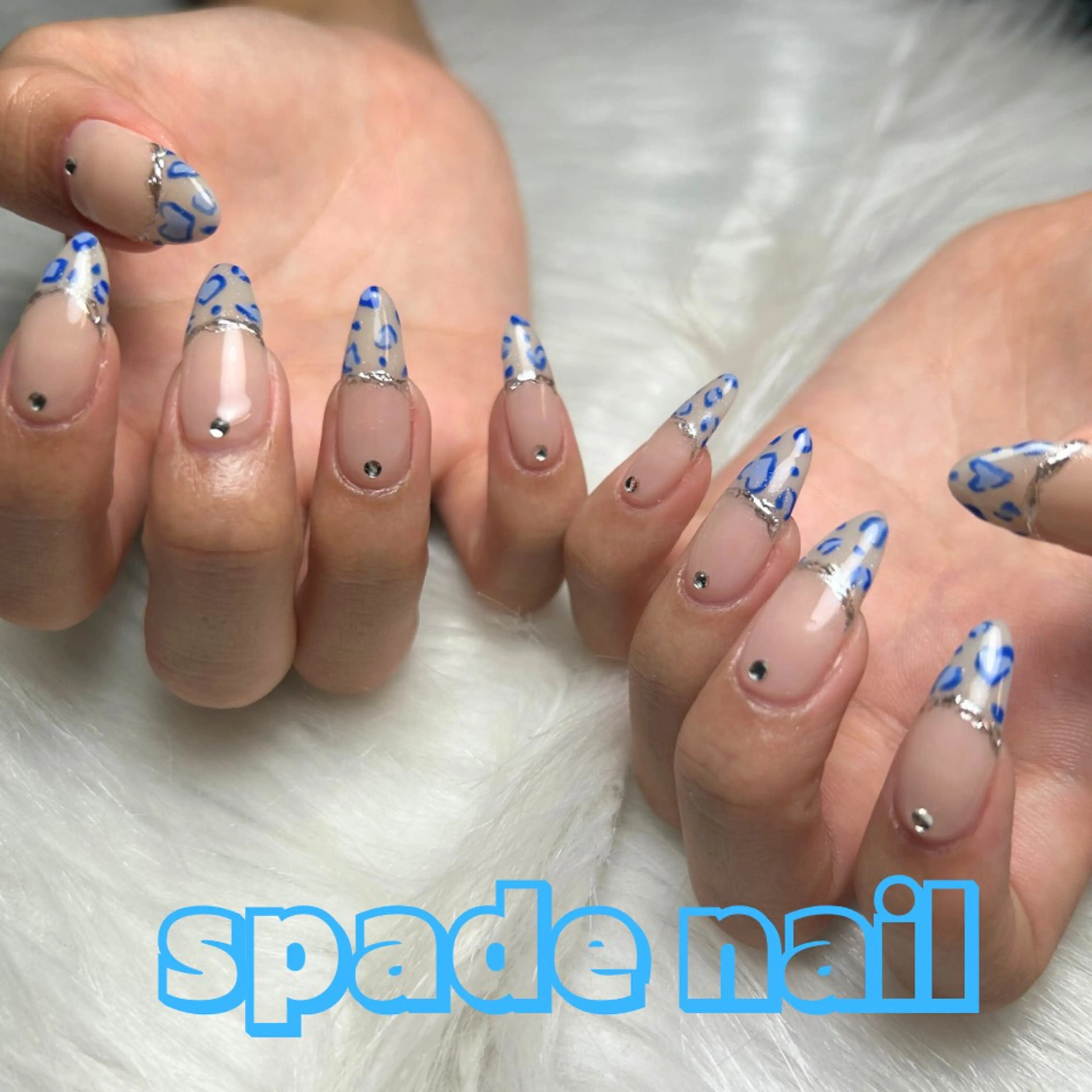 ネイル ブルー クリアネイル フレンチネイル ジェルネイル ハート ハンドネイル Spade nail(大名)のネイルデザイン