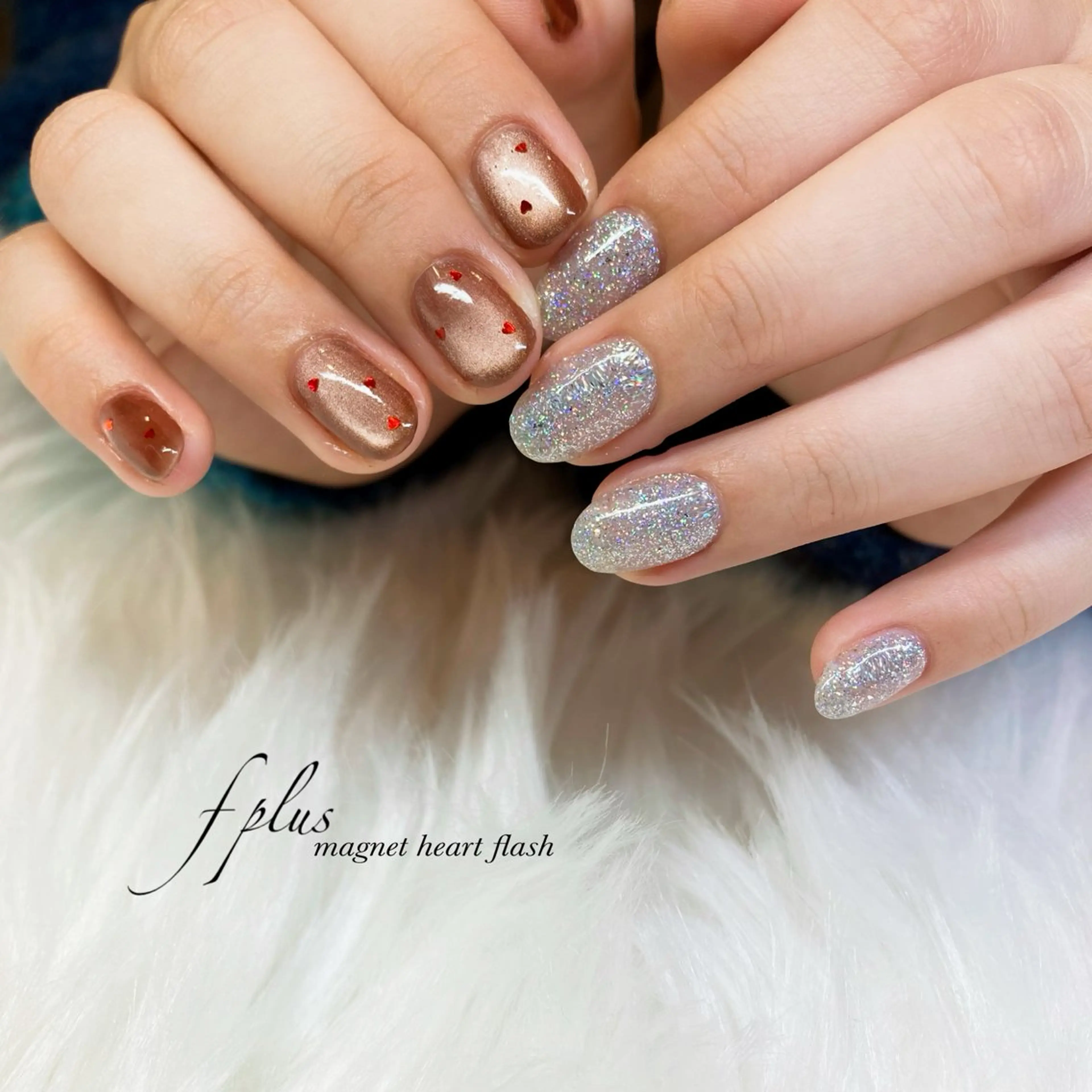 ネイル ブラウン フラッシュネイル ハート マグネットネイル ホワイト ハンドネイル kanako nail🌷のネイルデザイン